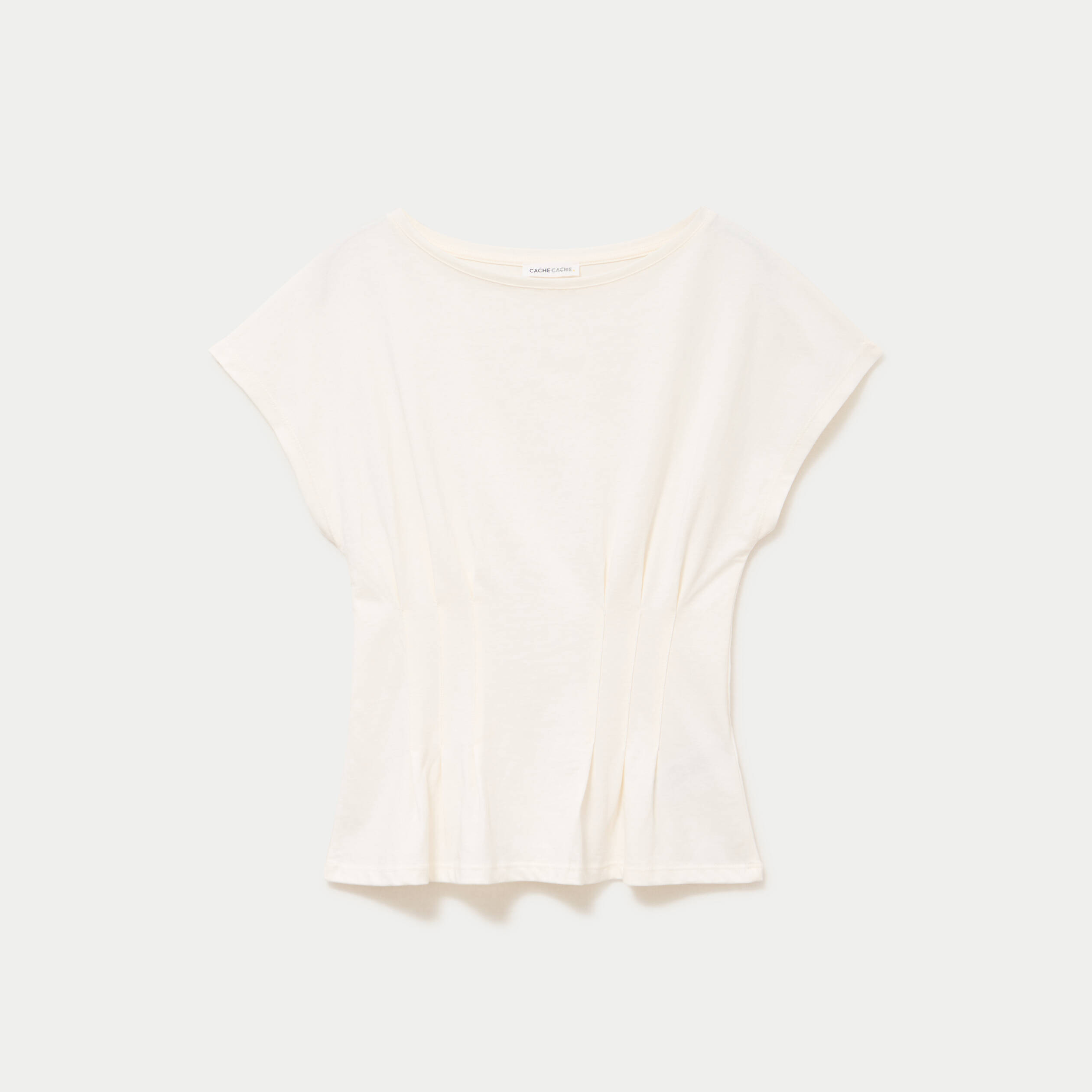 T-shirt cintr&eacute; col rond manches courtes ecru femme