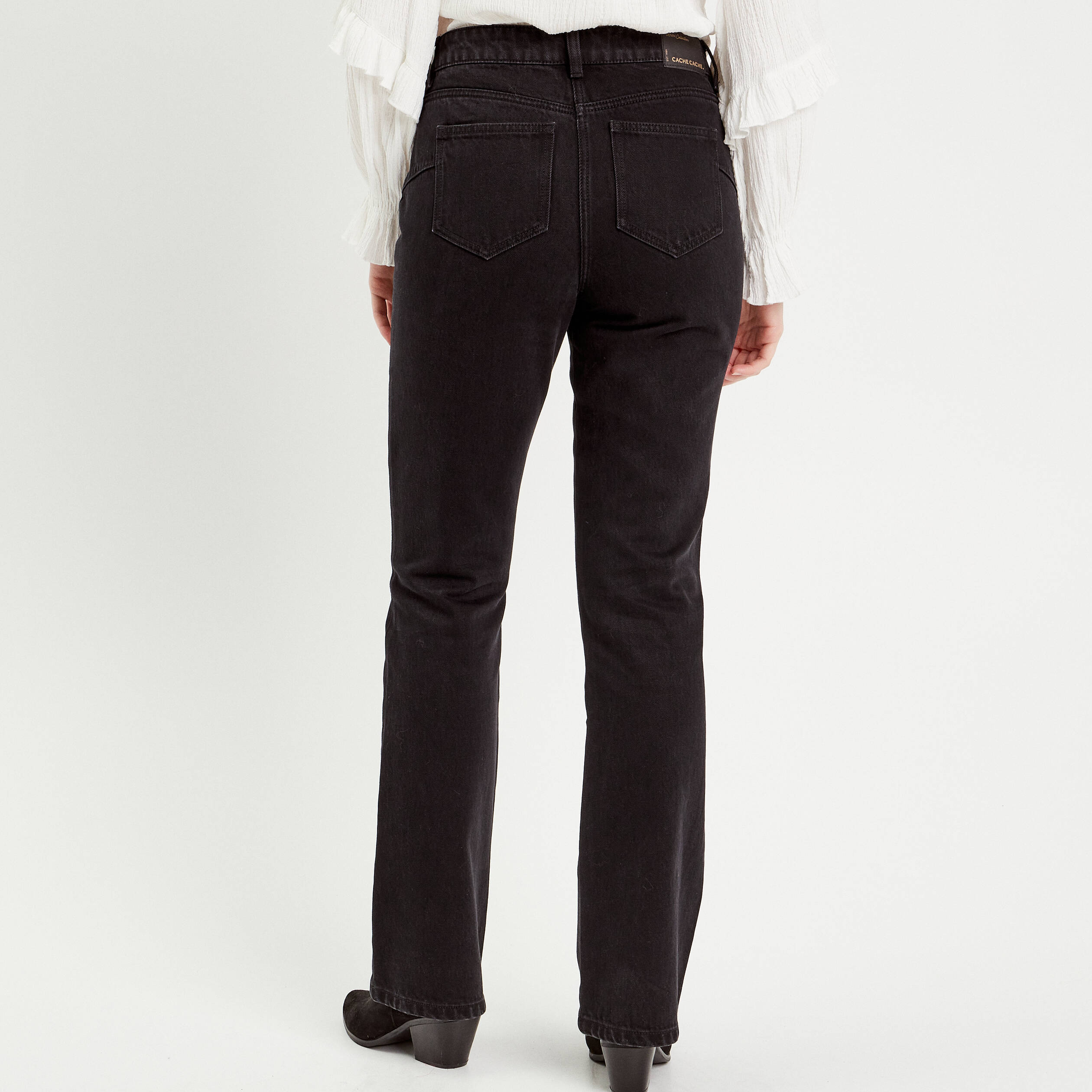Jeans flare poches plaqu&eacute;es denim noir femme