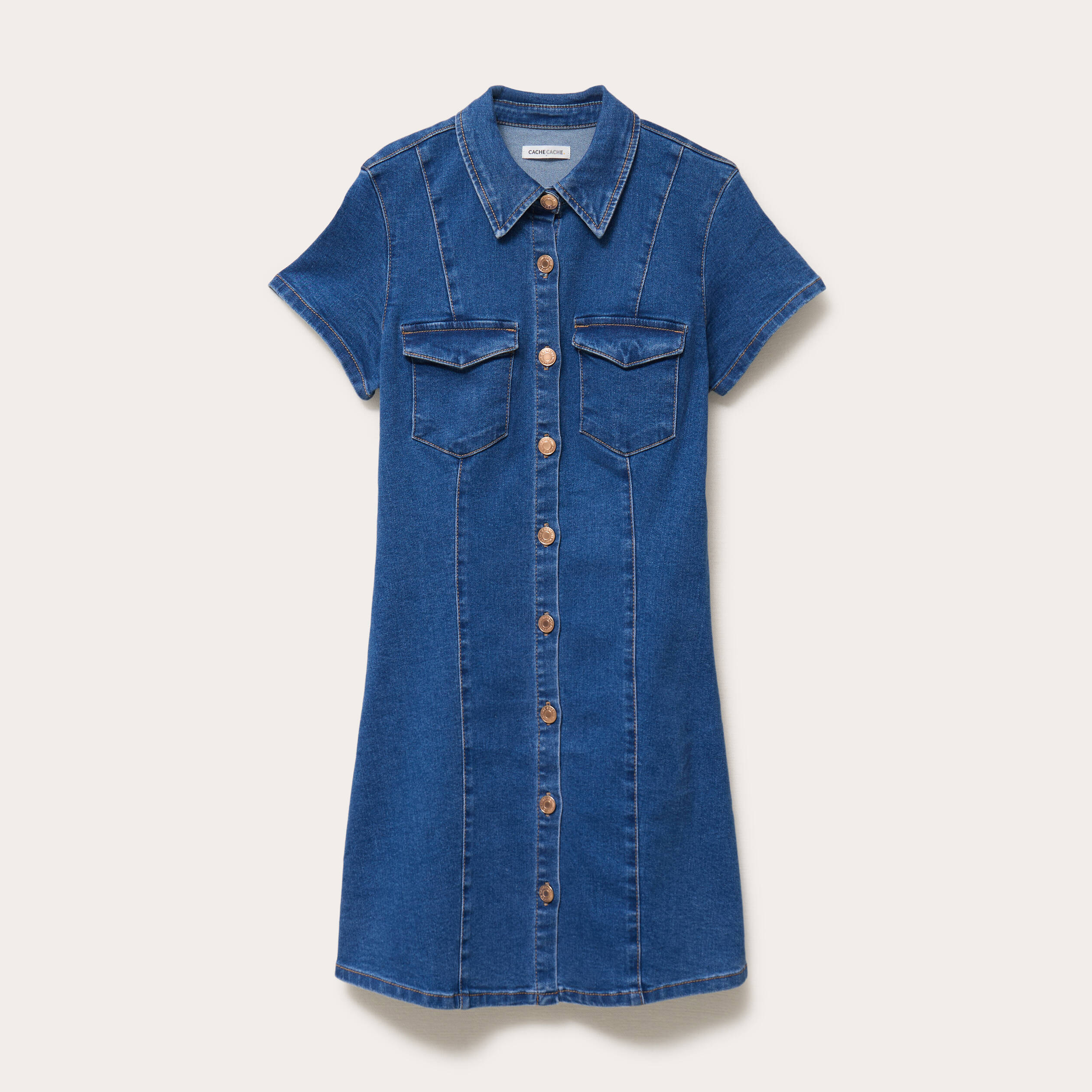 Robe trap&egrave;ze courte en jean col chemise denim double stone femme