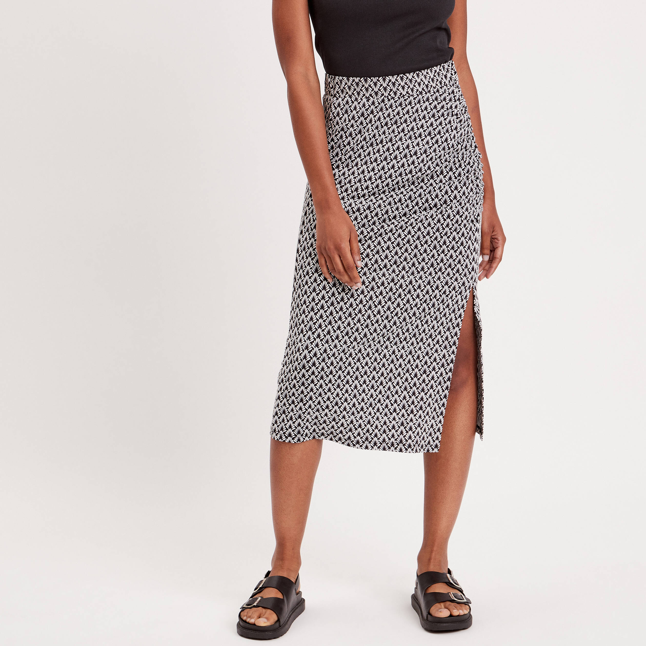 Jupe longue droite fronces noir femme