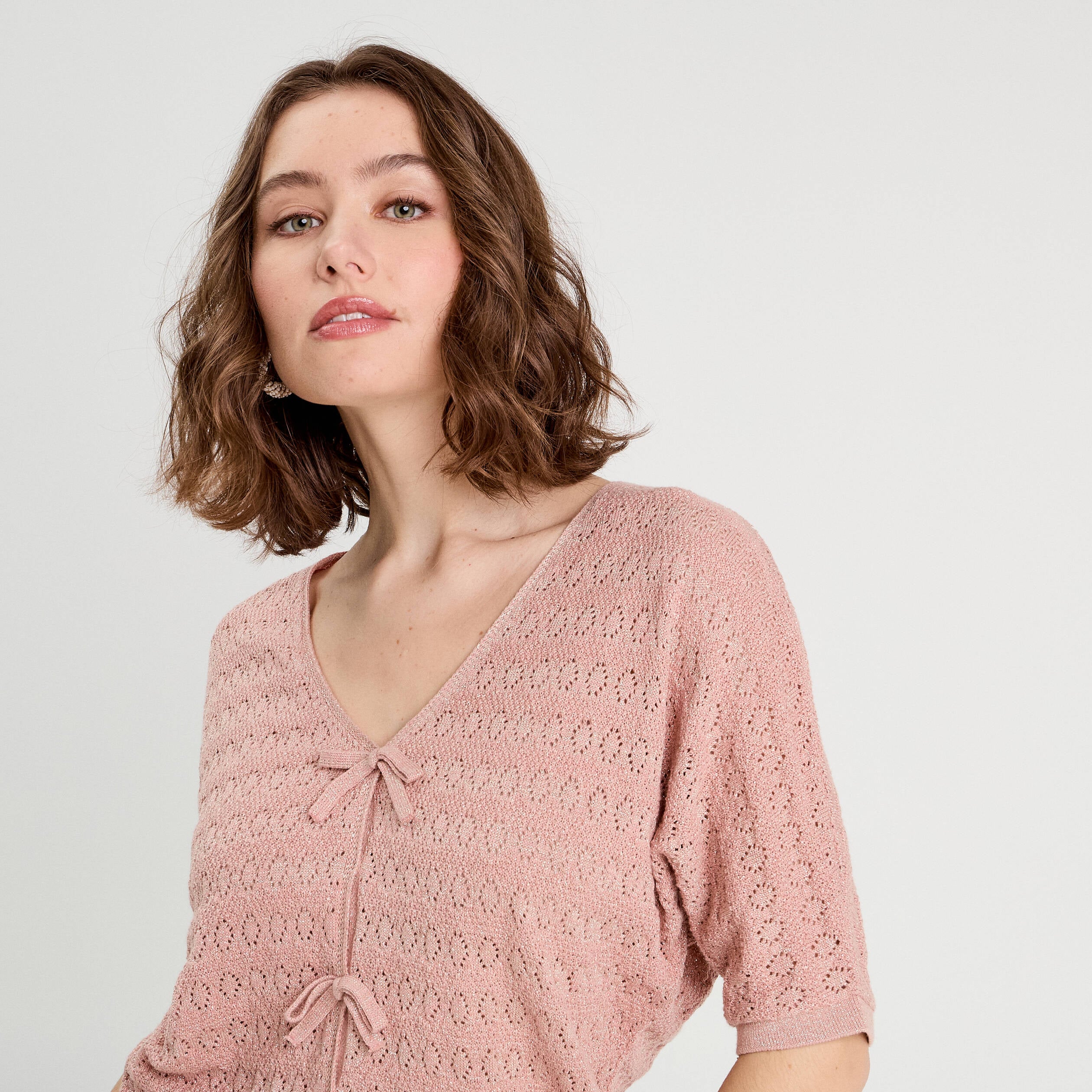 Pull ajour&eacute; manches 3/4 rose pastel femme