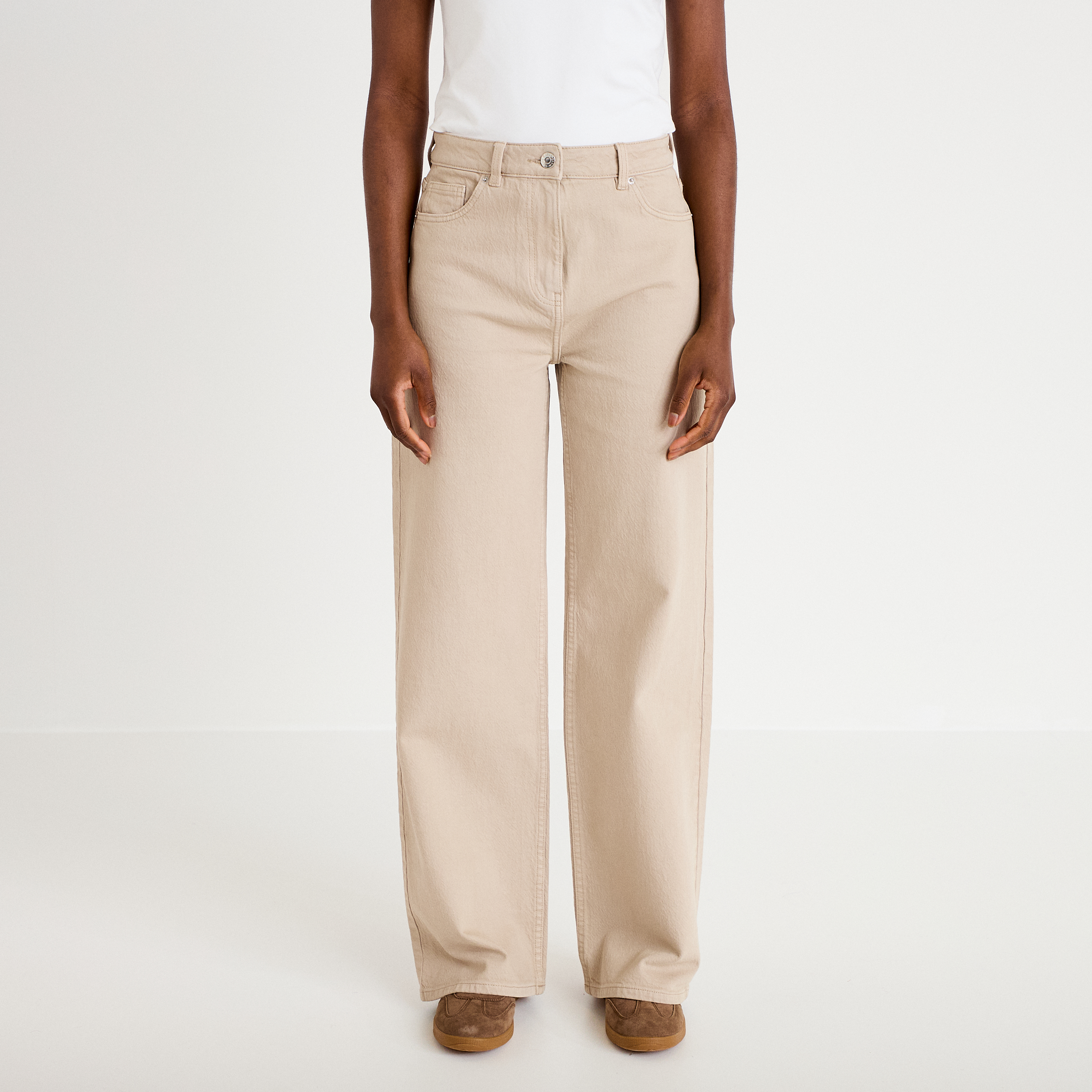 Jean wide leg taille haute beige femme
