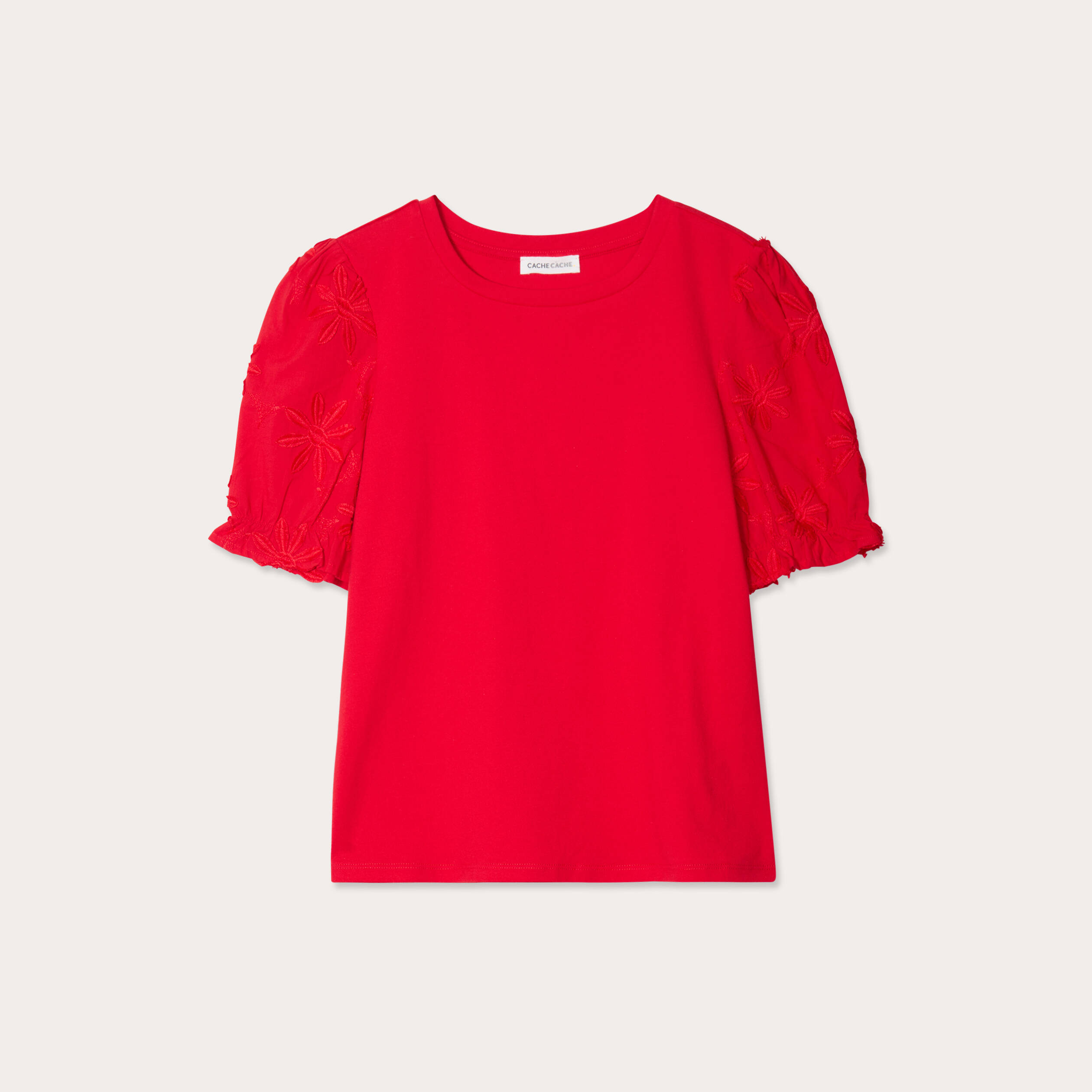 t shirt manches brodees rouge femme T-shirt manches brodées rouge femme