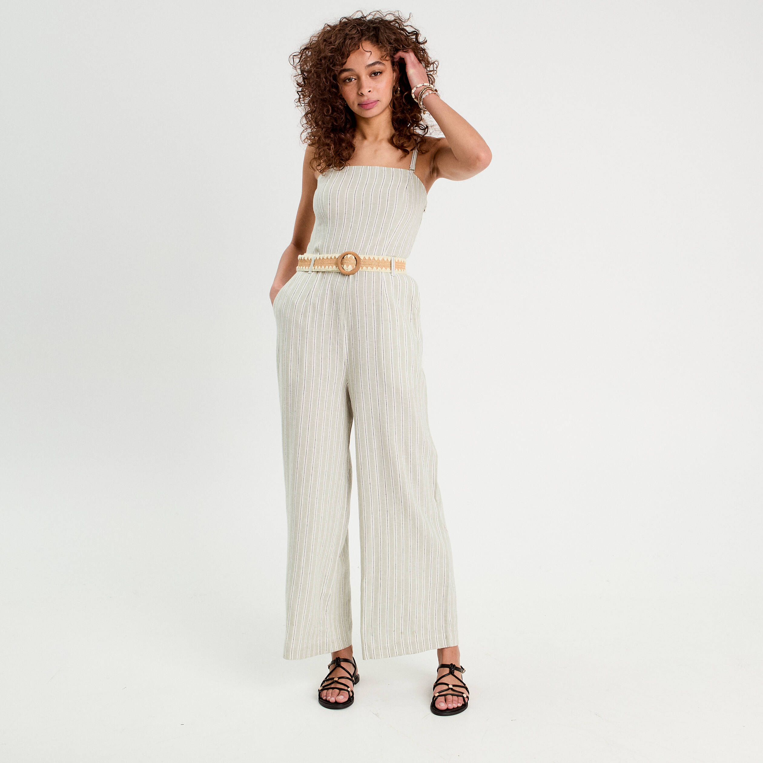 Combinaison pantalon bretelles avec lin vert femme Vibs