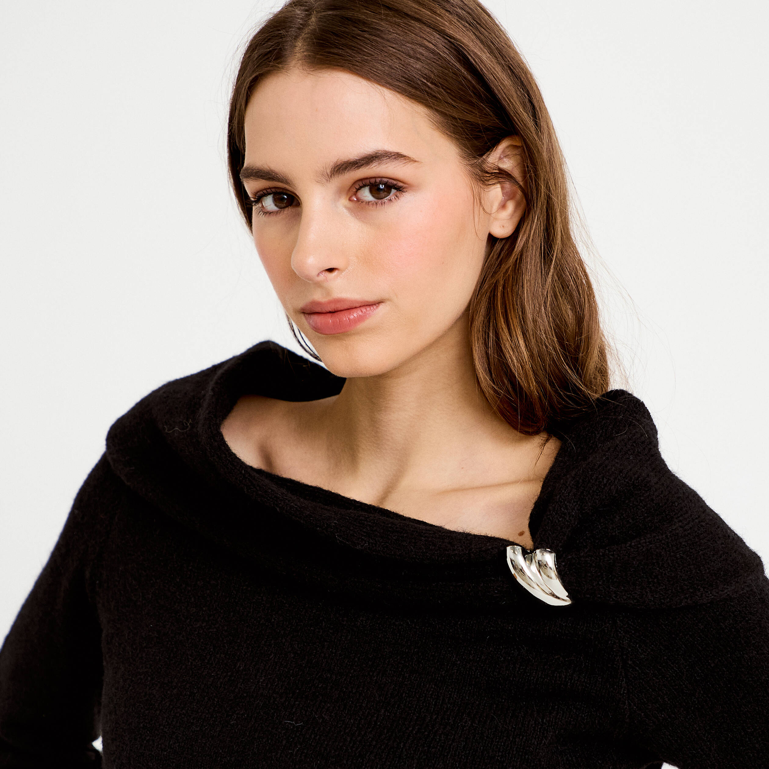 Pull col bardot manches longues noir femme