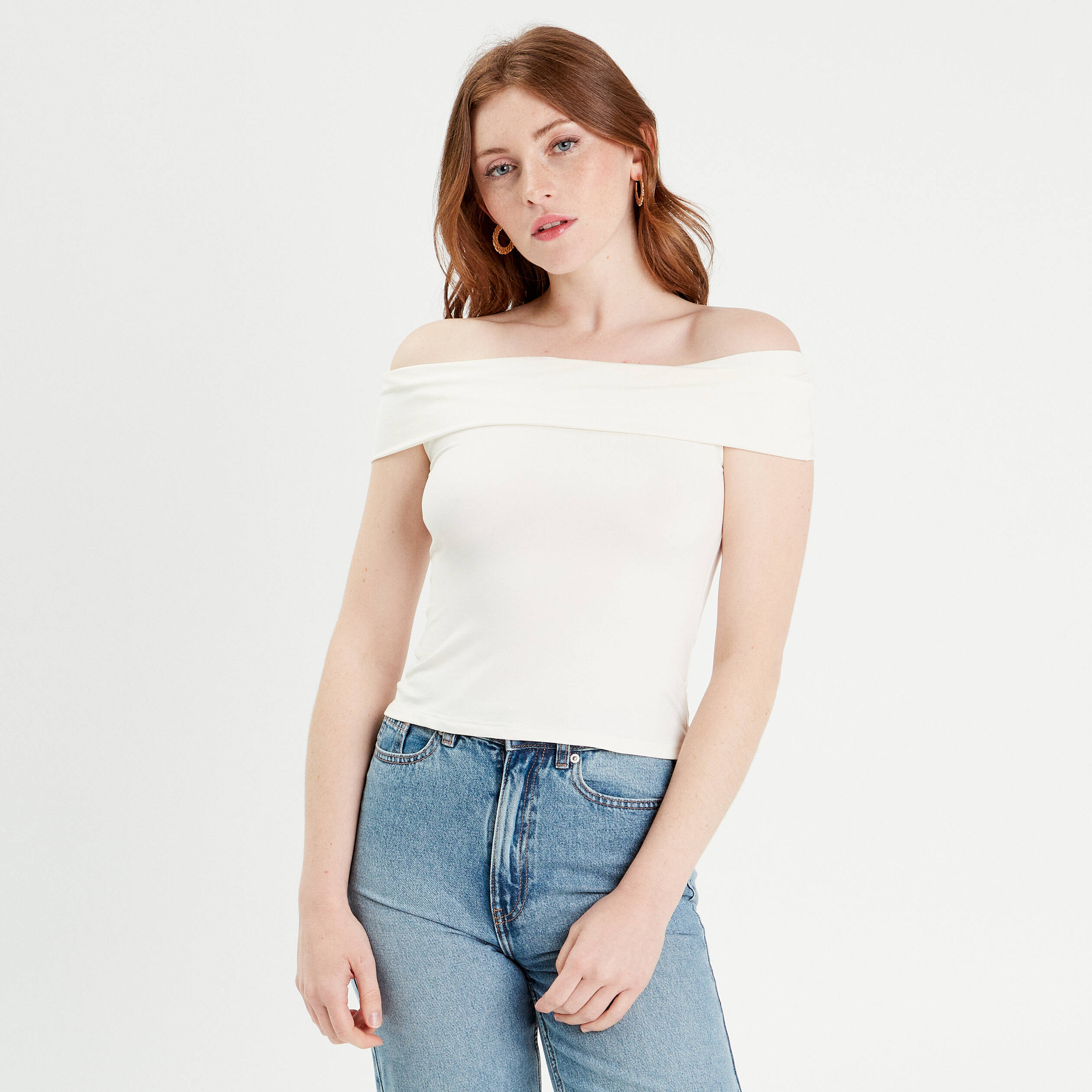 t shirt col bardot ecru femme T-shirt col bardot ecru femme