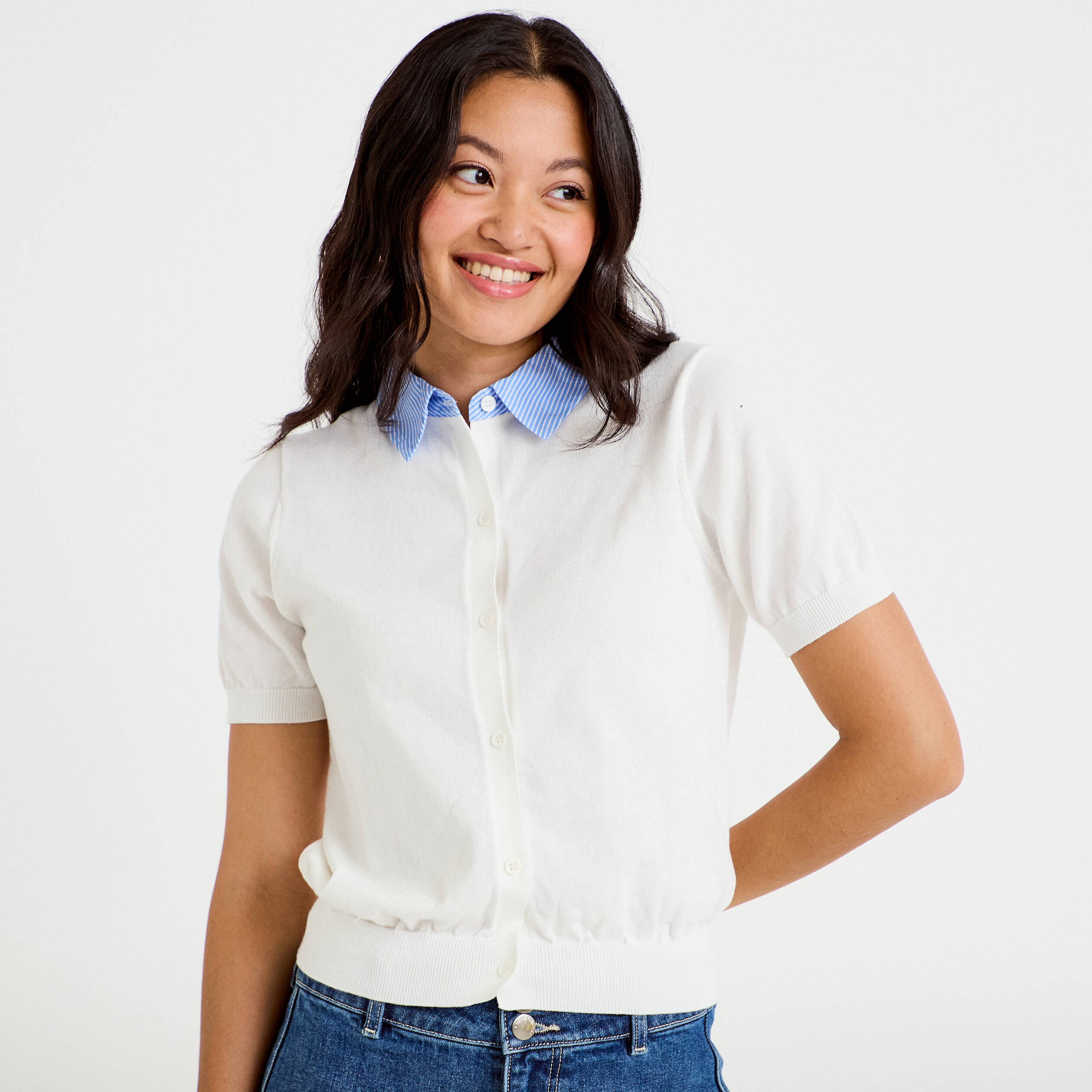 Polo col chemise manches courtes blanc femme