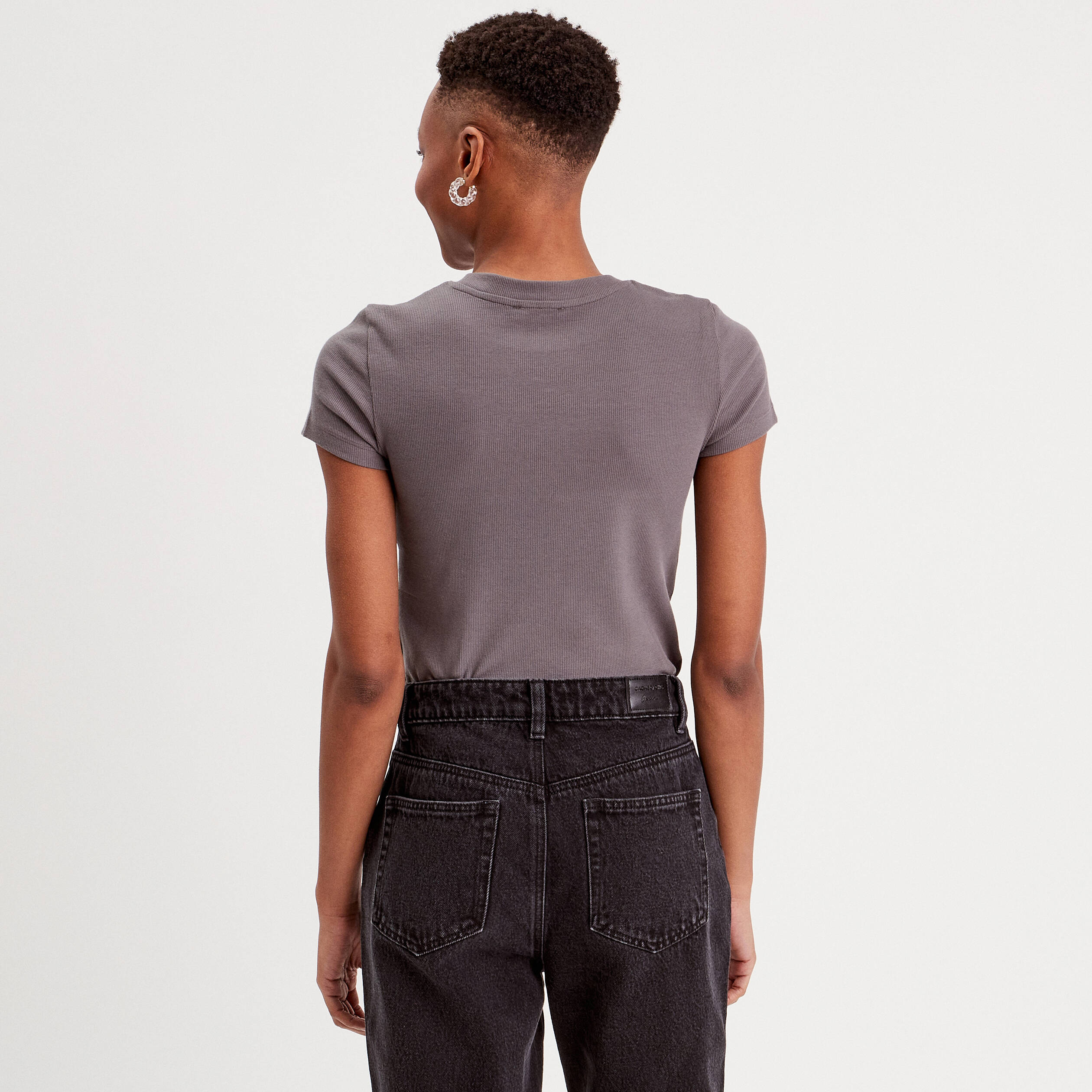 t shirt manches courtes cotele gris fonce femme T-shirt manches courtes côtelé gris foncé femme