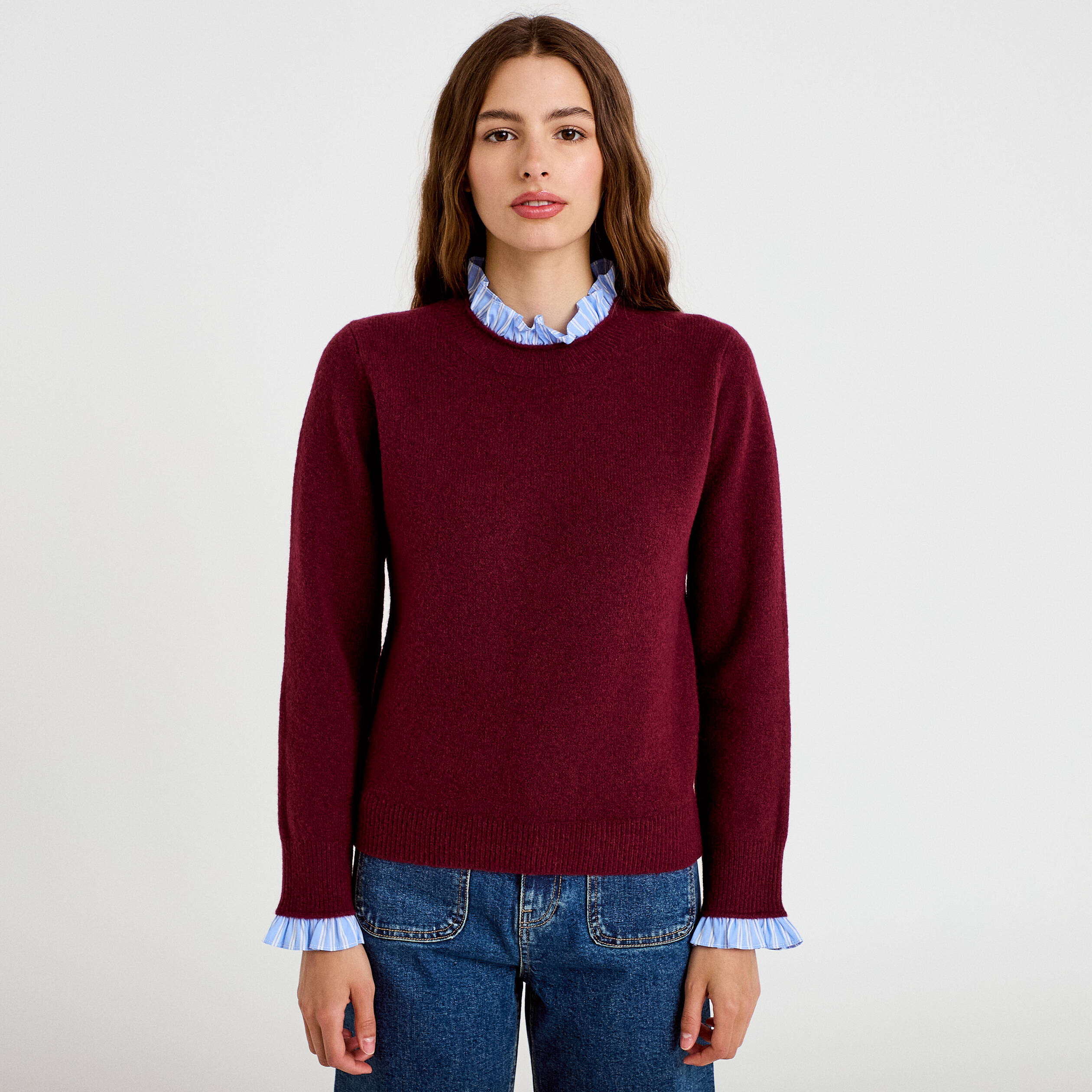 Pull col chemise manches longues bordeaux femme