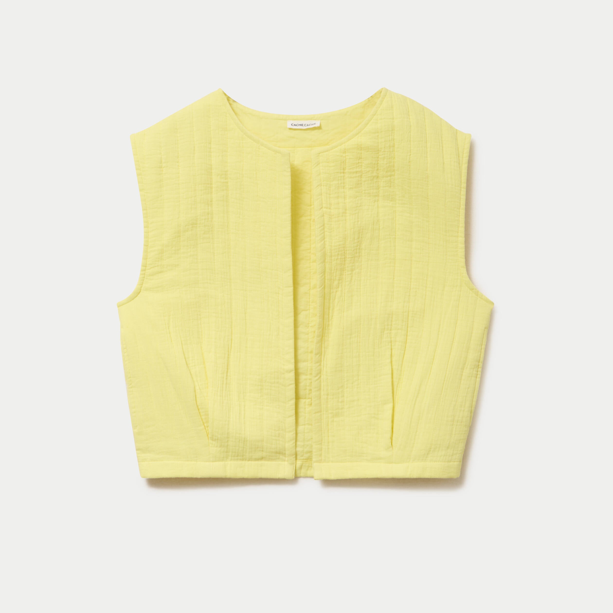 Gilet barman ample cropped pliss&eacute; jaune citron femme