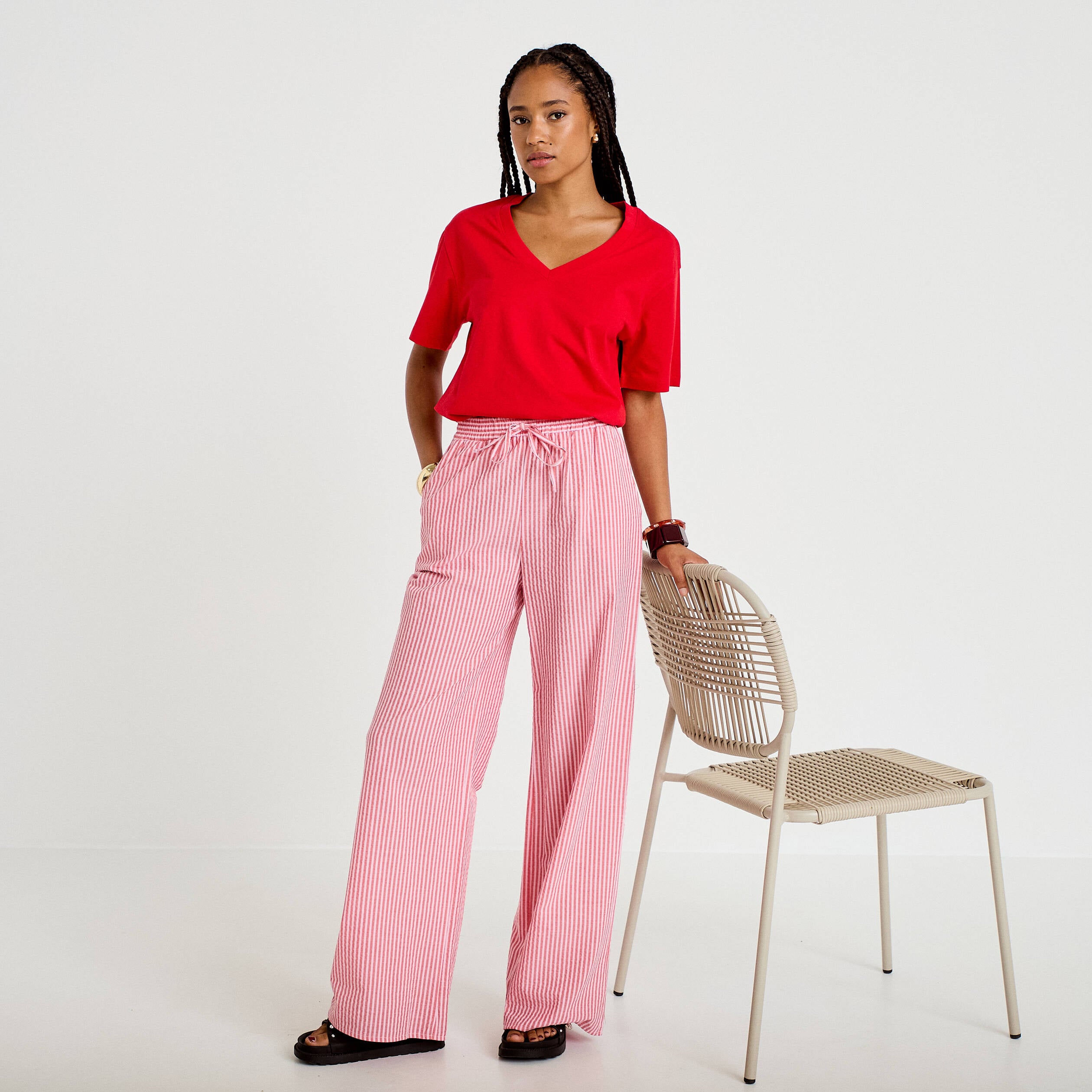 Pantalon large taille haute rouge femme