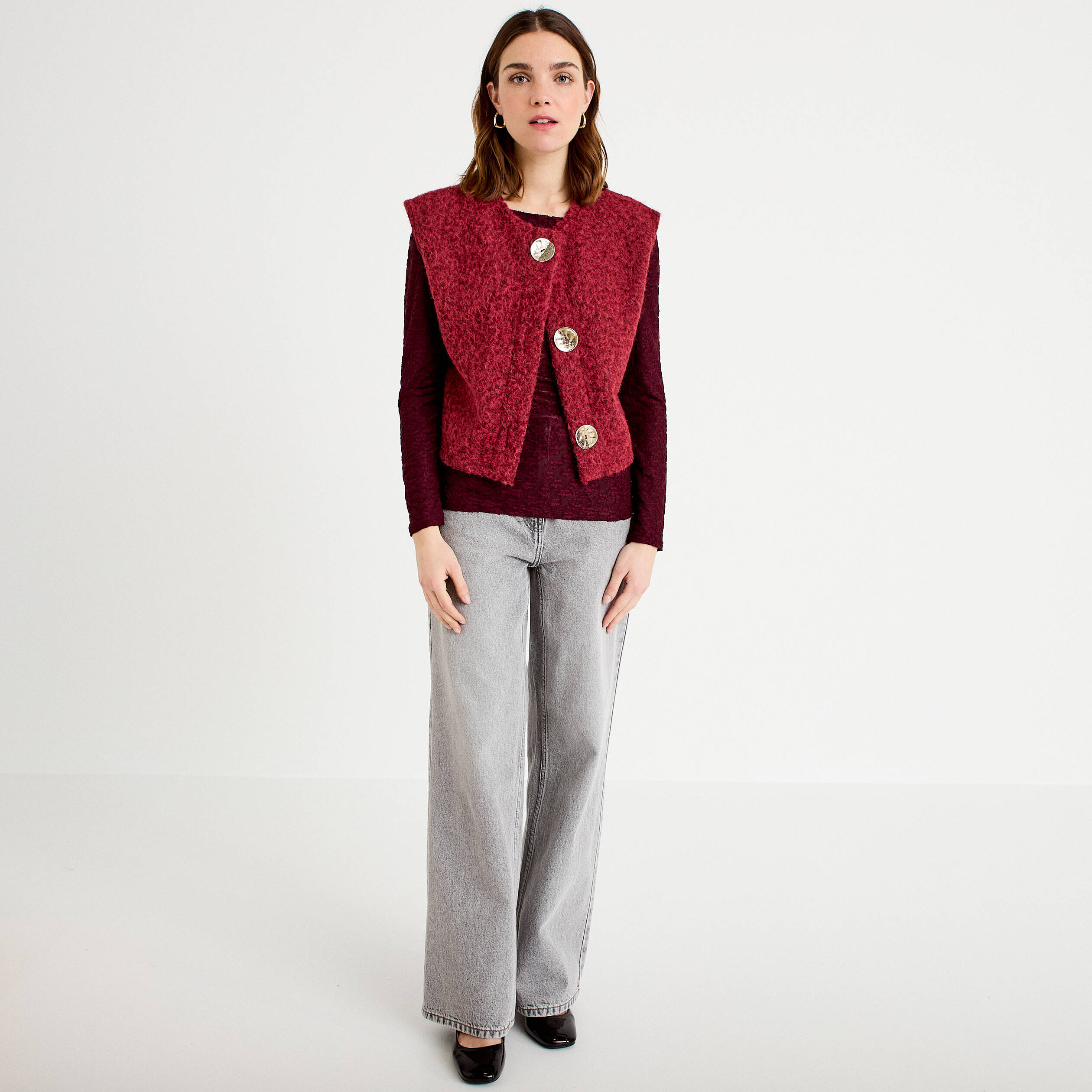 Gilet sans manches effet polaire rouge fonc&eacute; femme