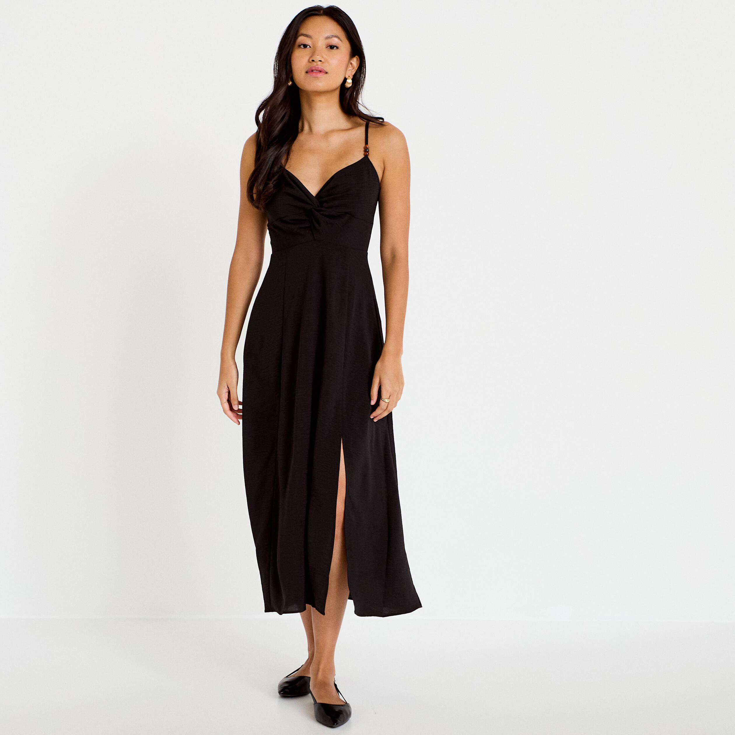 Robe longue &eacute;vas&eacute;e fendue noir femme
