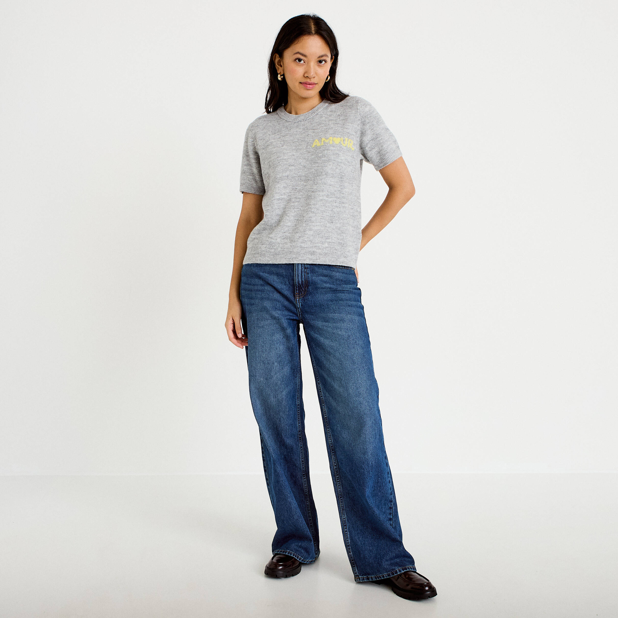 Pull ample manches courtes gris clair femme