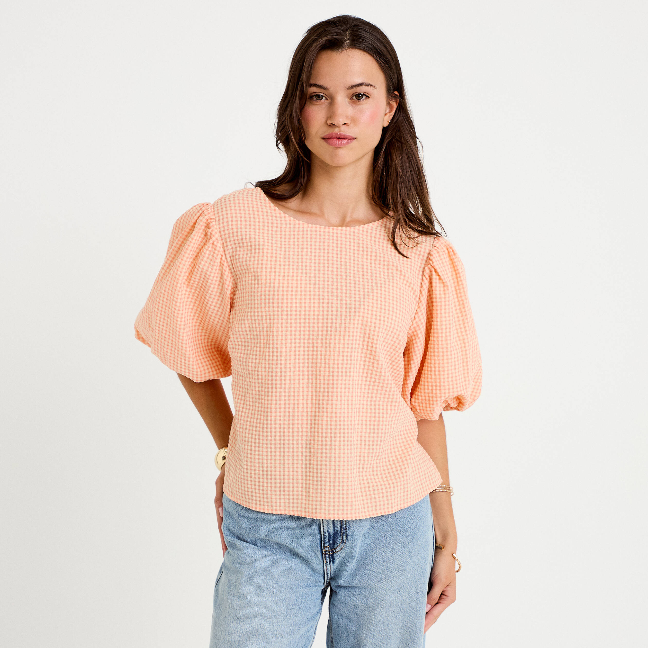 Blouse effet boule manches courtes orange femme