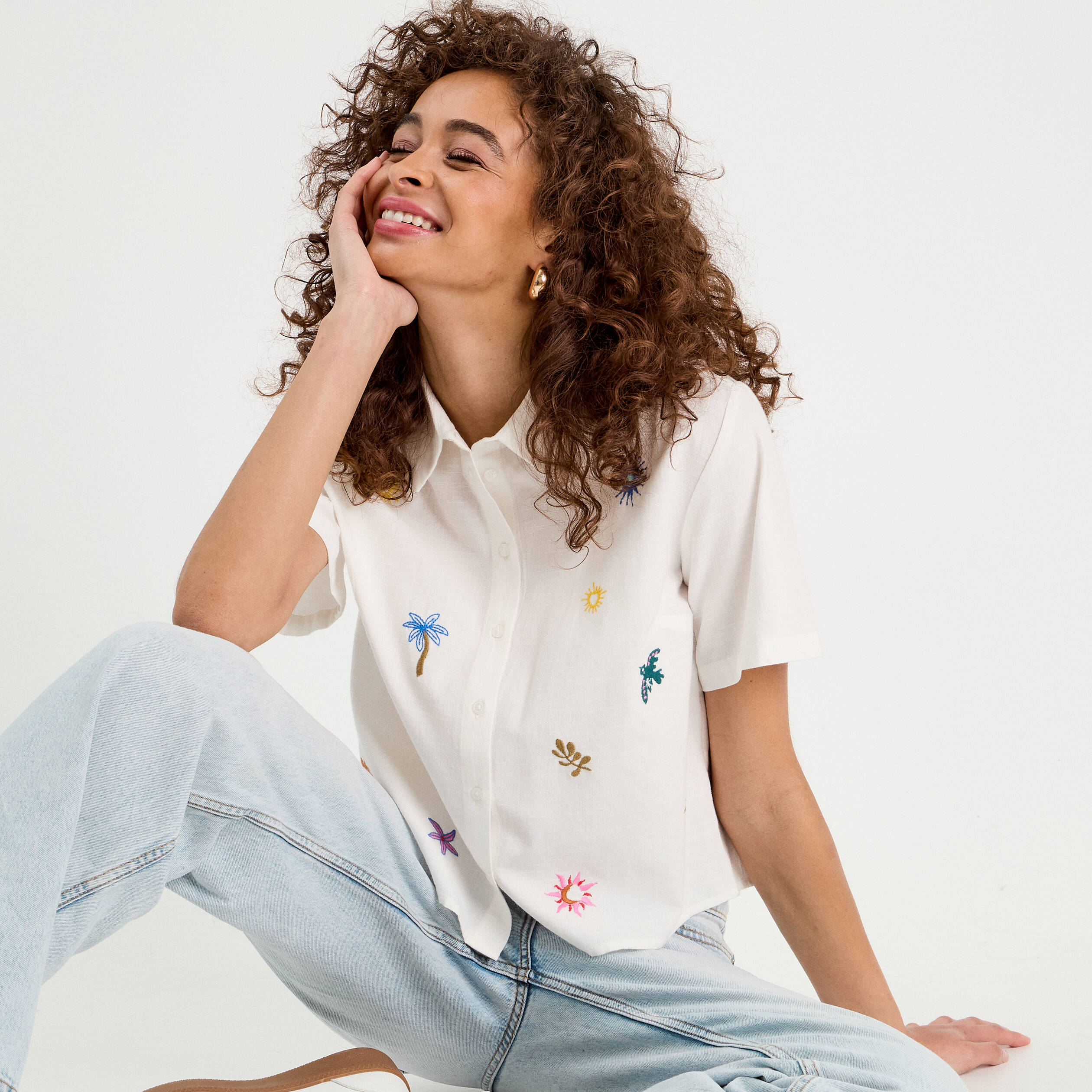 chemise brodee manches courtes ecru femme Chemise brodée manches courtes ecru femme