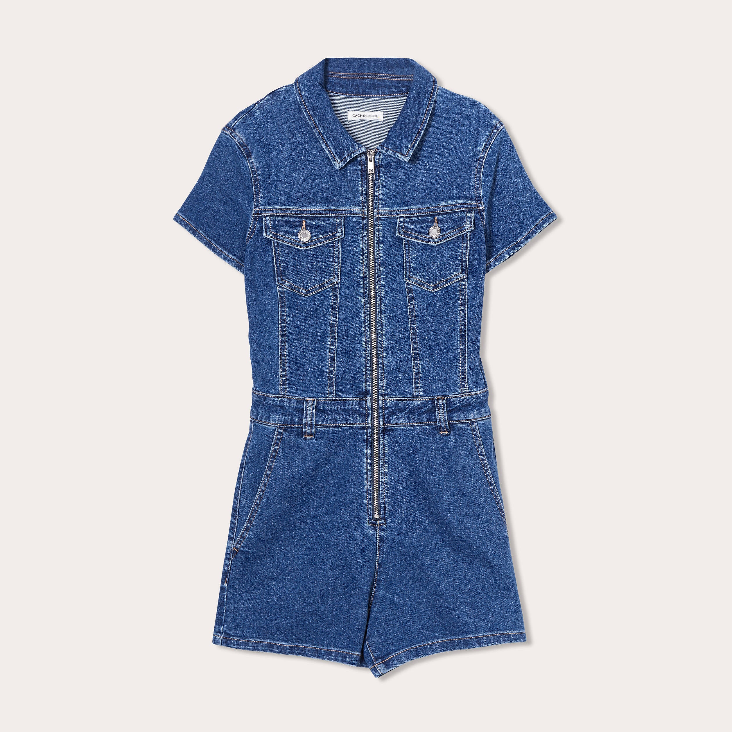 Combishort zipp&eacute;e en jean denim double stone femme