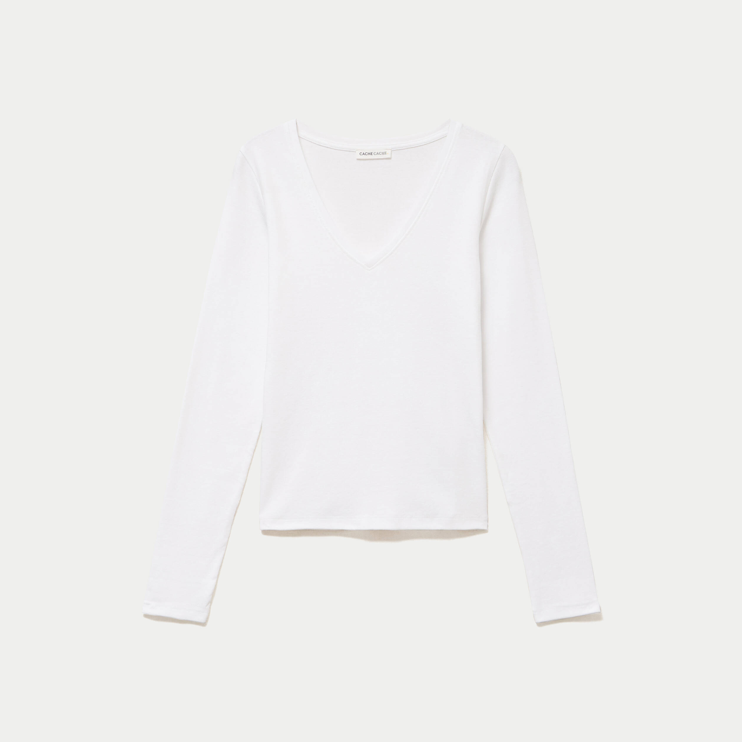 Top ajust&eacute; col v manches longues blanc femme