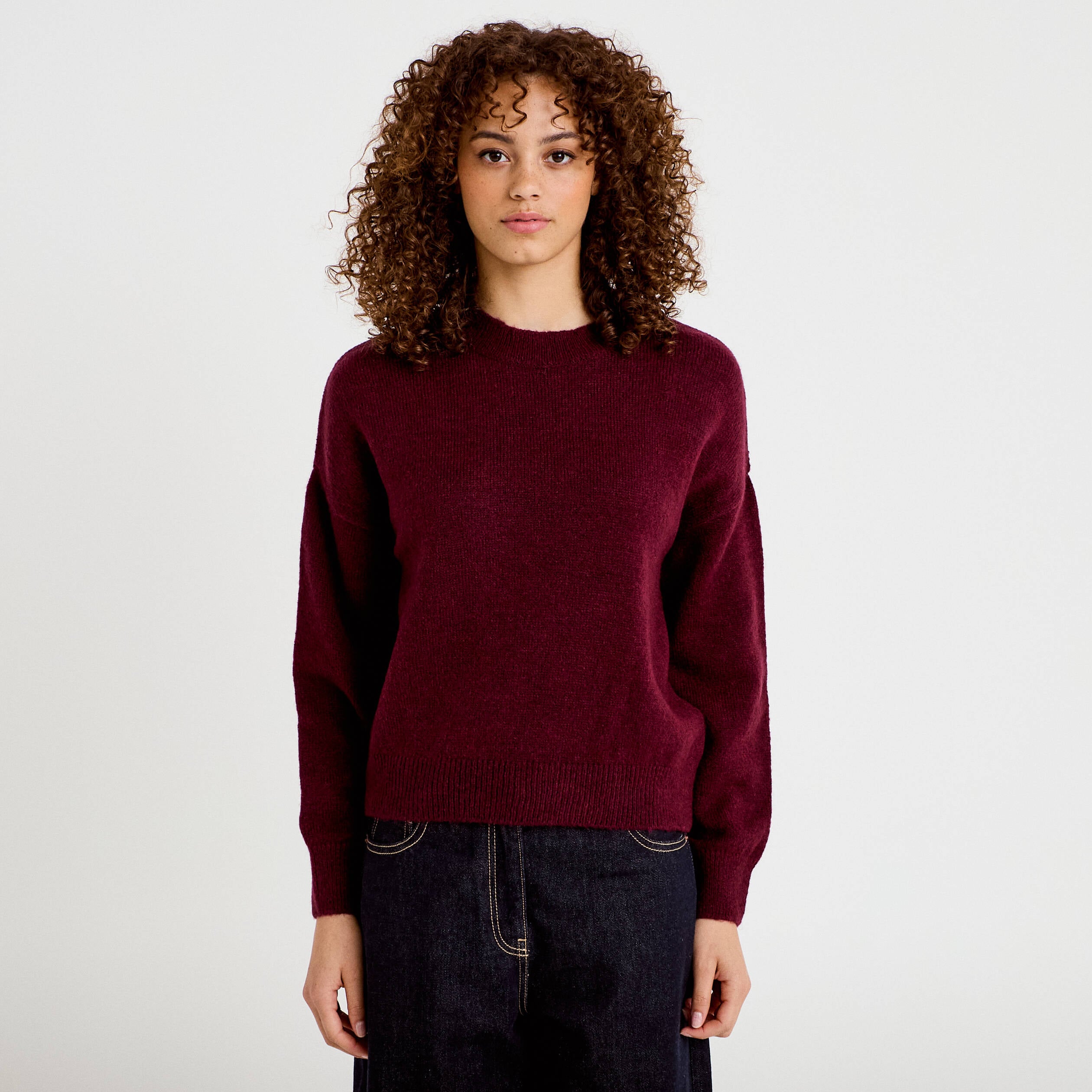 Pull col rond manches longues bordeaux femme