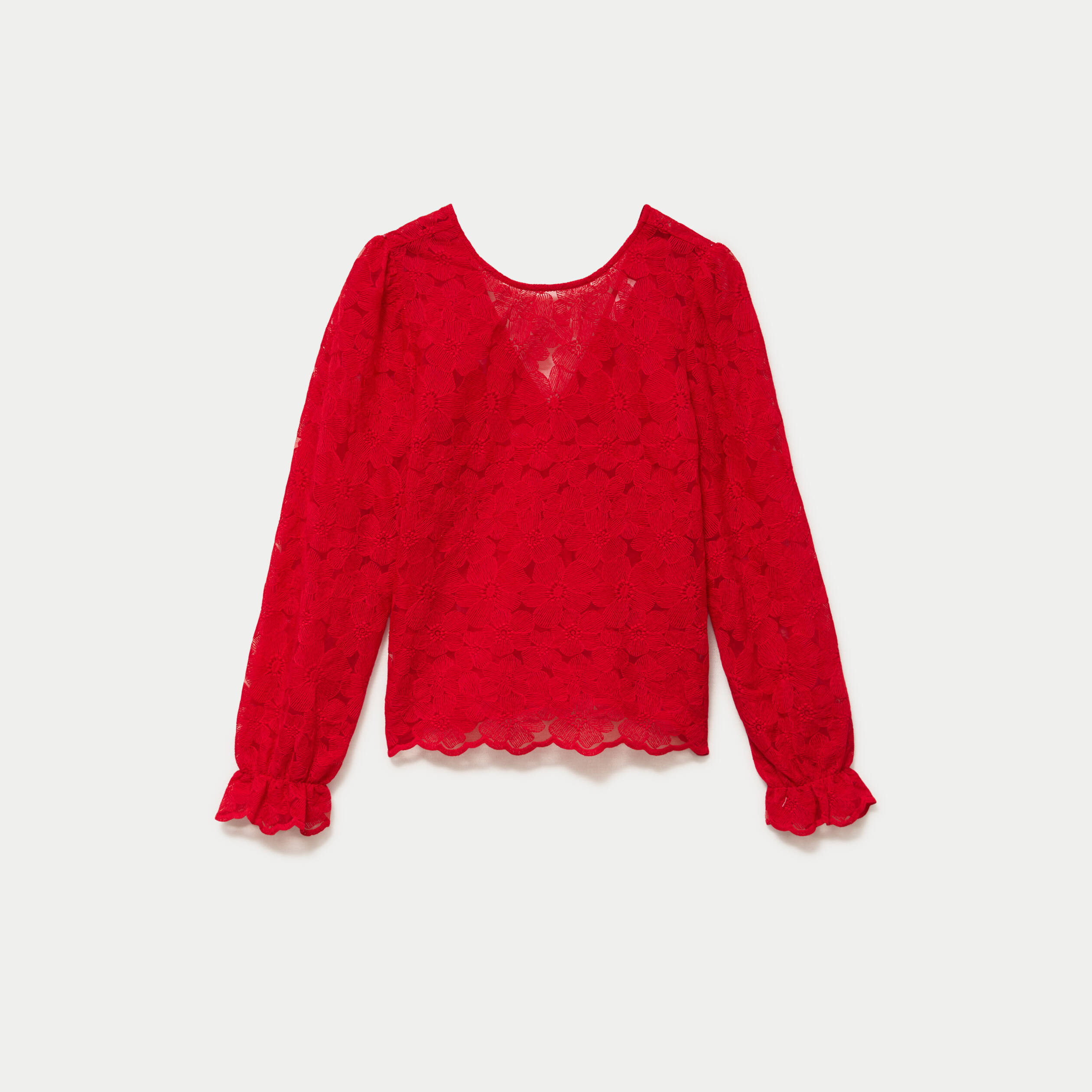 Blouse droite col v en dentelle rouge femme