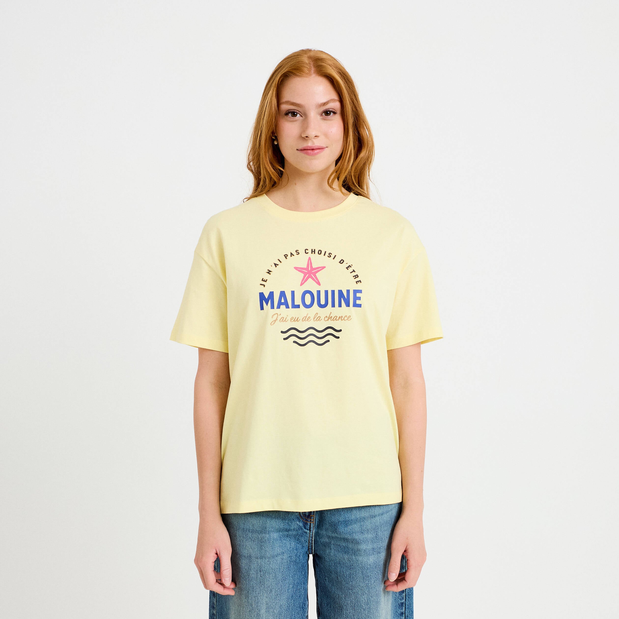 T-shirt col rond manches courtes jaune pastel femme