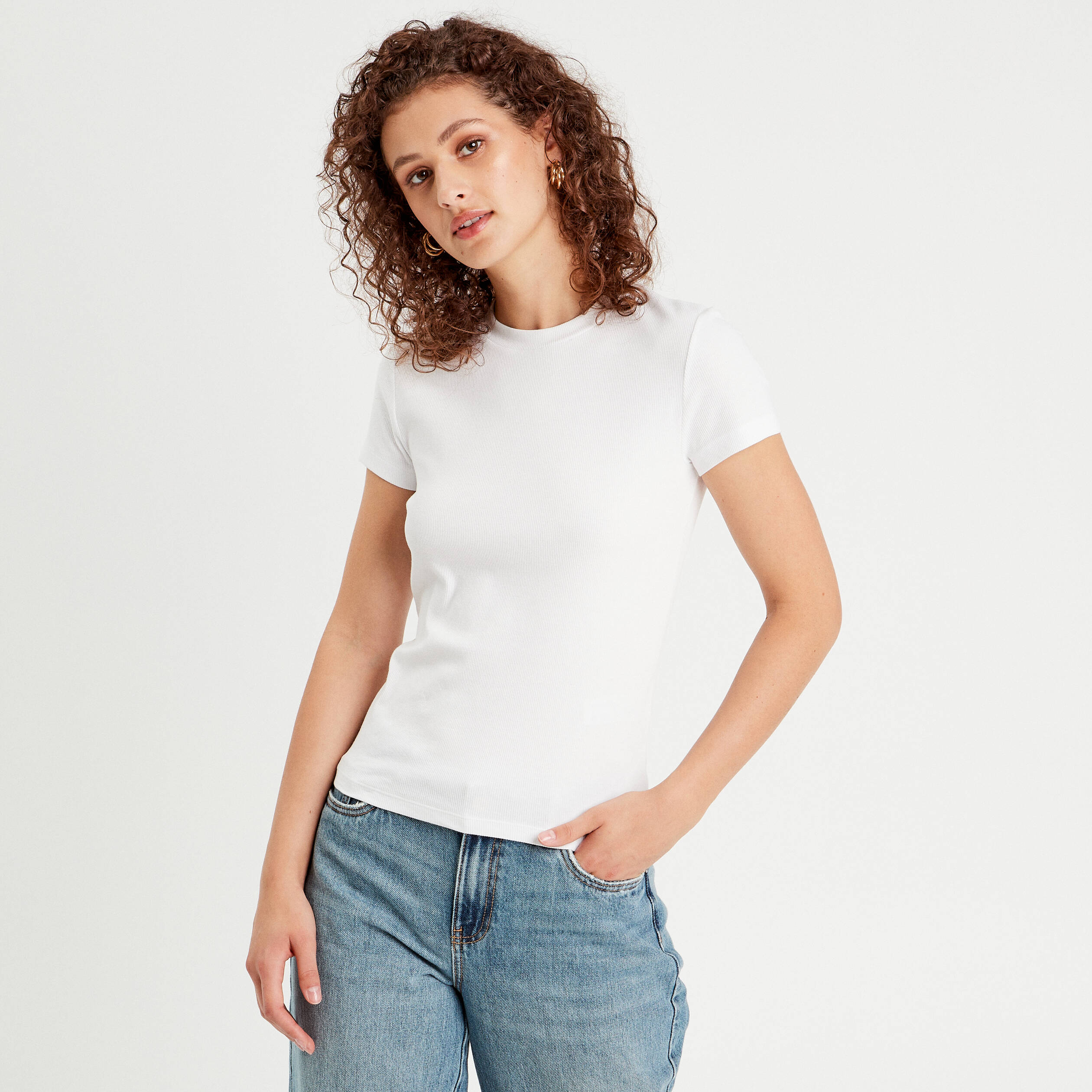 t shirt manches courtes cotele blanc femme T-shirt manches courtes côtelé blanc femme