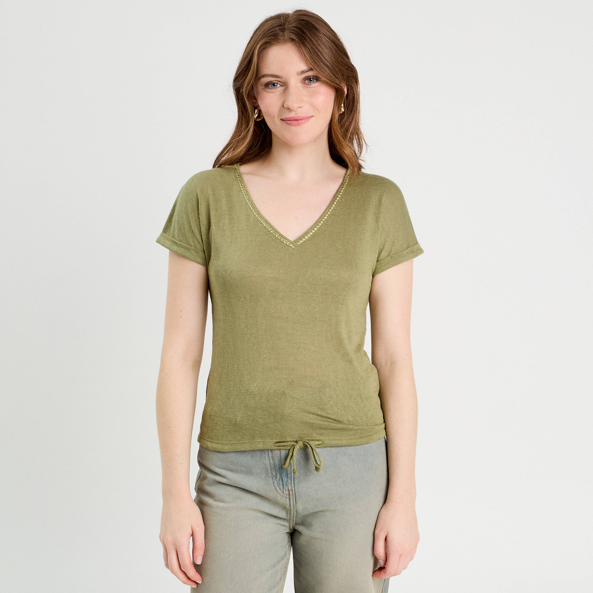 t shirt detail noeud vert kaki femme T-shirt détail noeud vert kaki femme