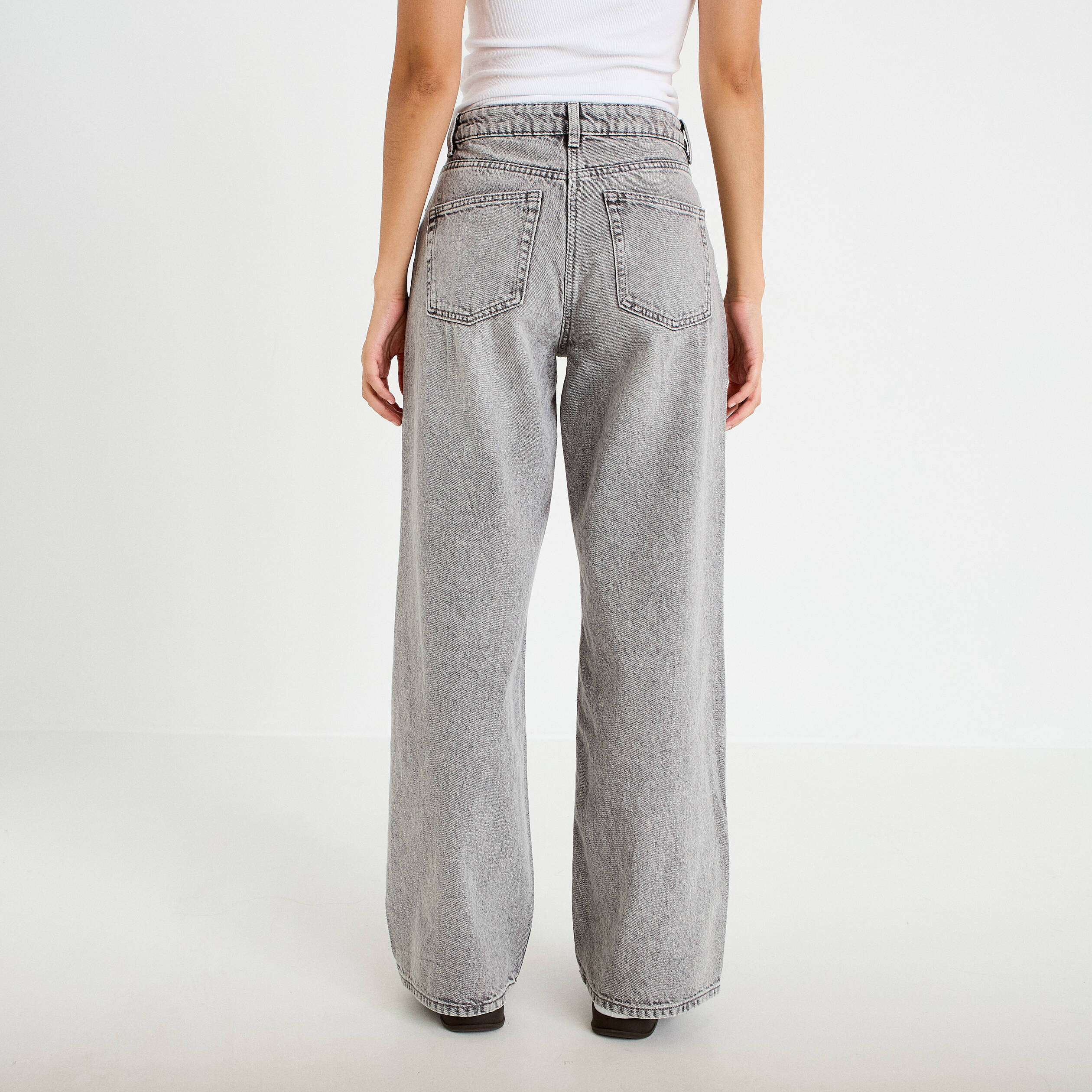 Jeans wide leg taille haute denim gris femme