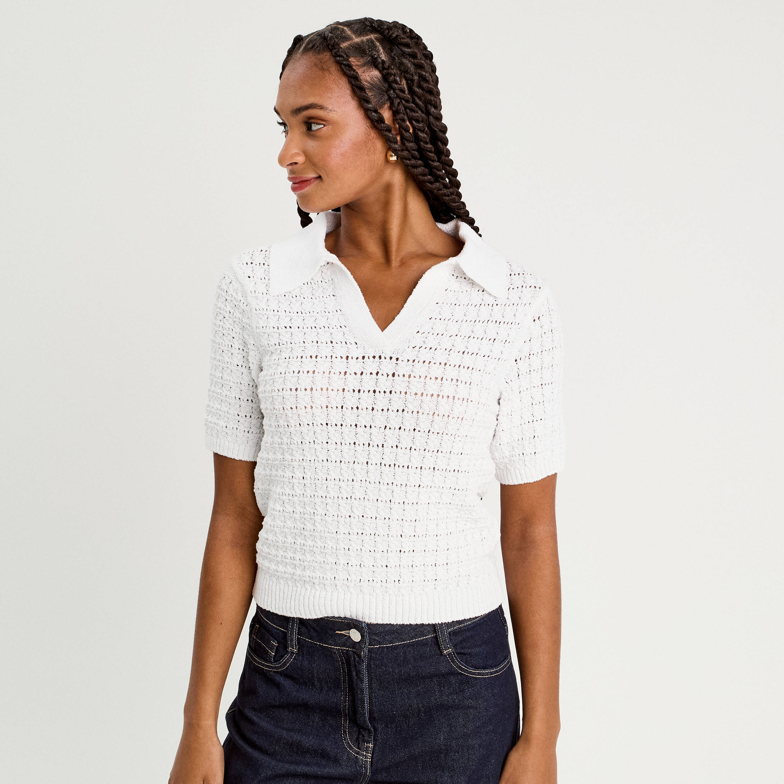 polo manches courtes ajoure blanc femme Polo manches courtes ajouré blanc femme