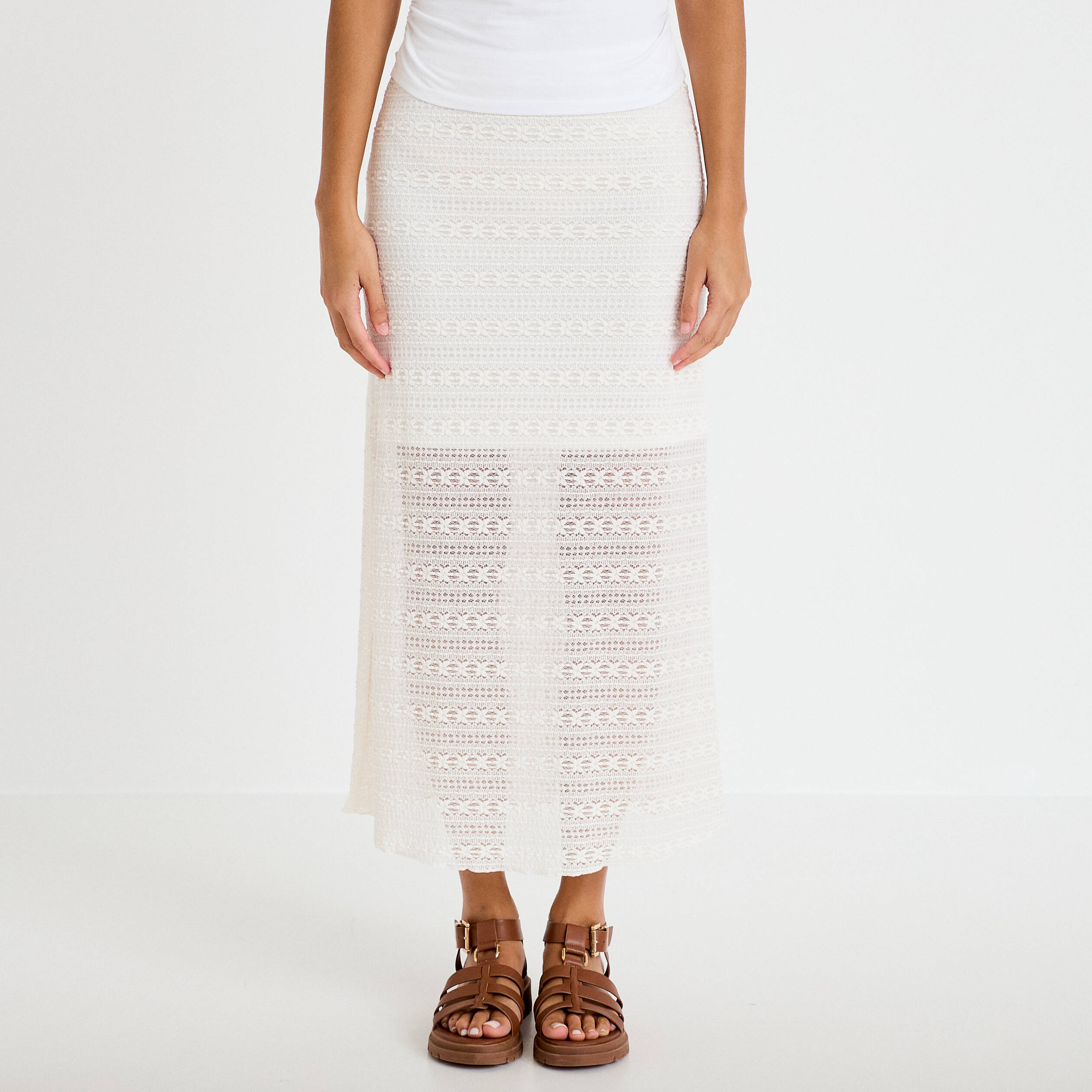 Jupe longue droite en dentelle ecru femme