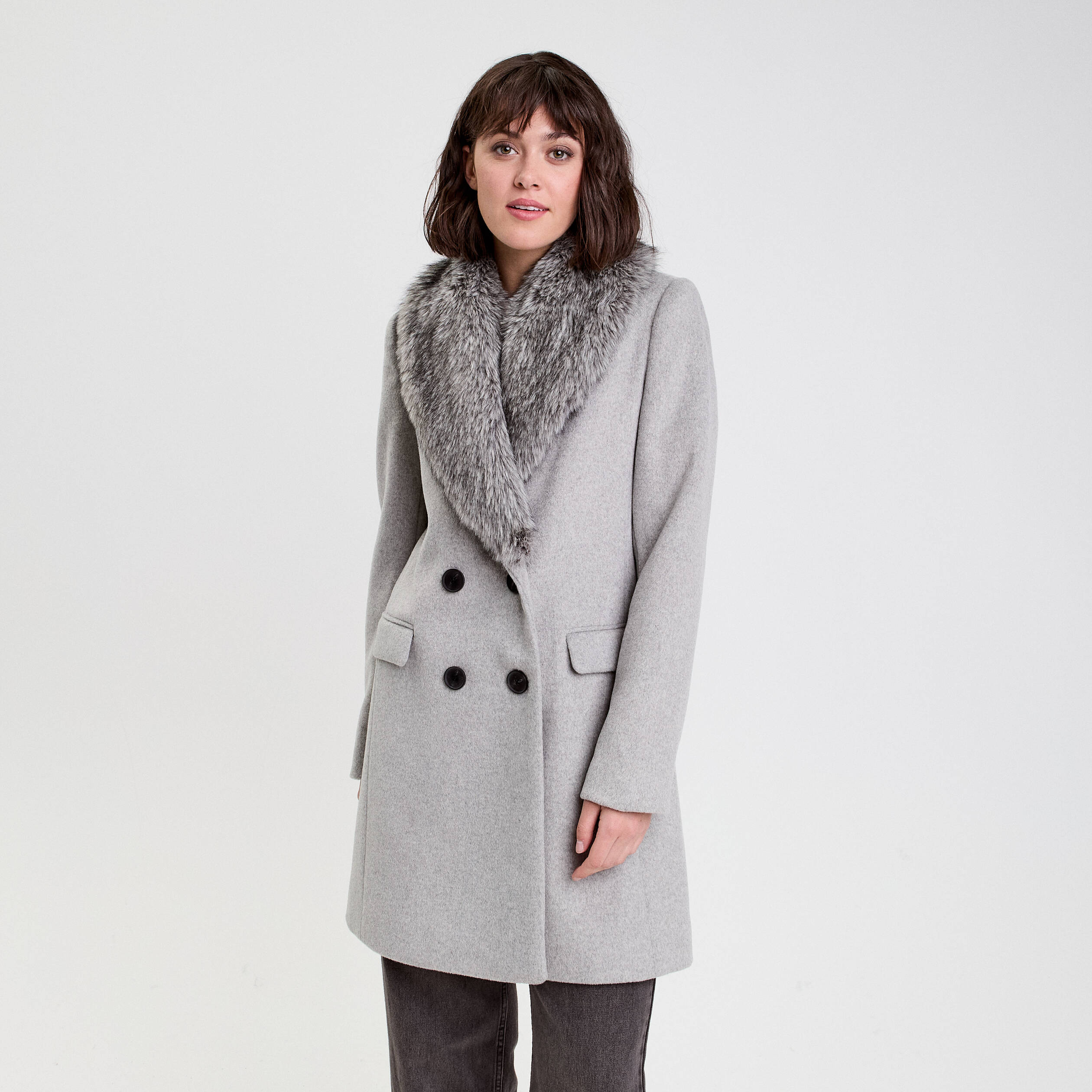 Manteau col fausse fourrure gris clair femme Vibs