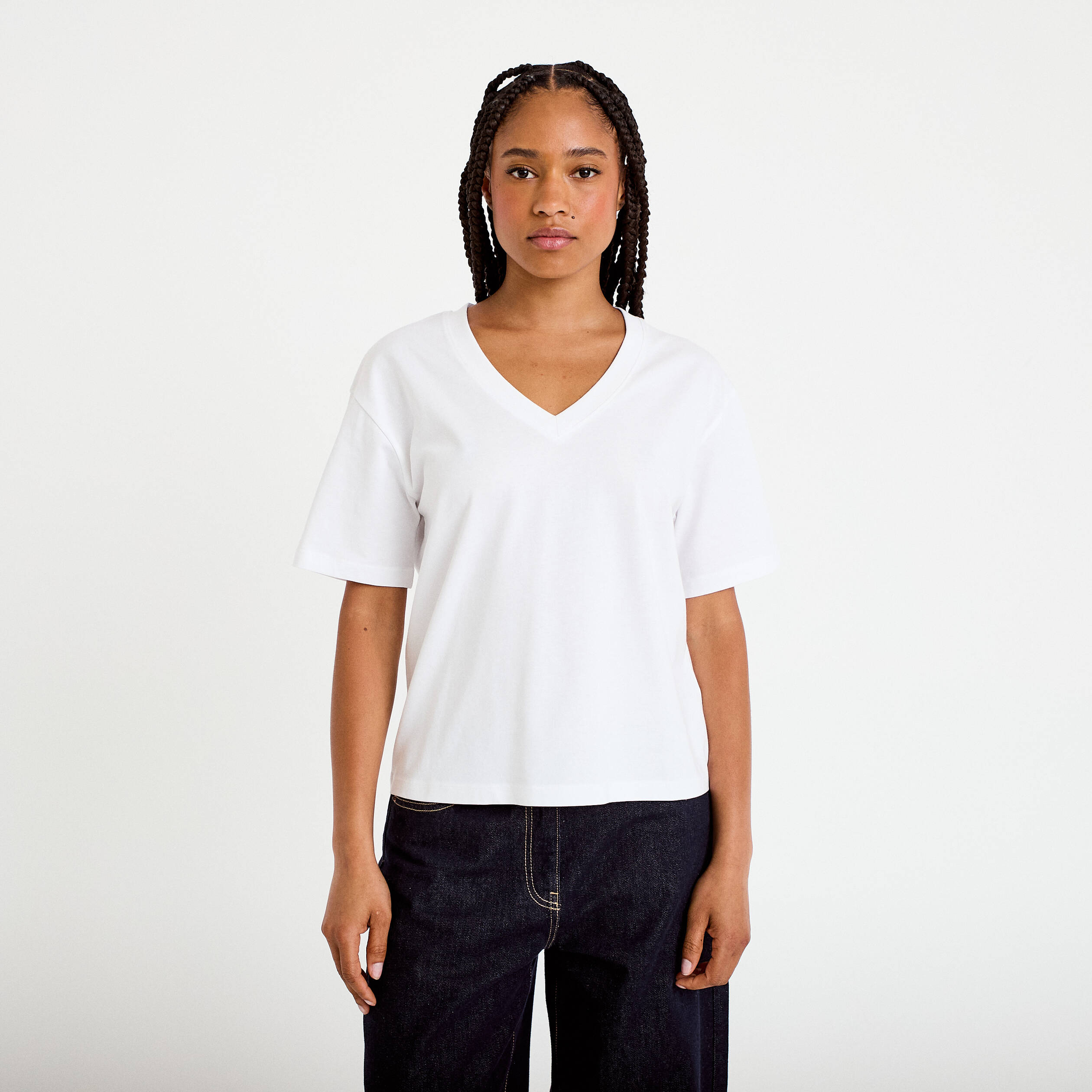 T-shirt col v manches courtes blanc femme