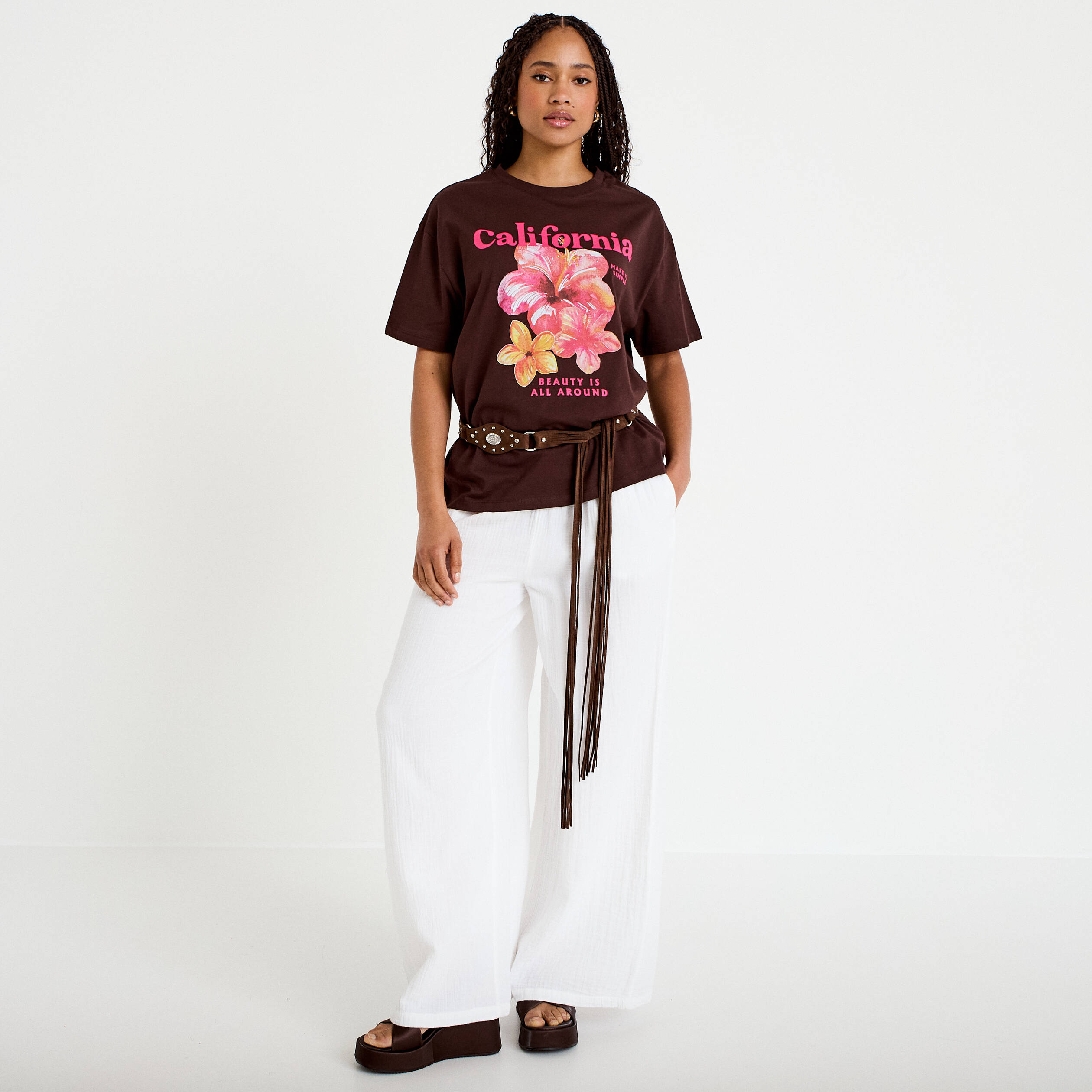 Pantalon large taille standard blanc femme
