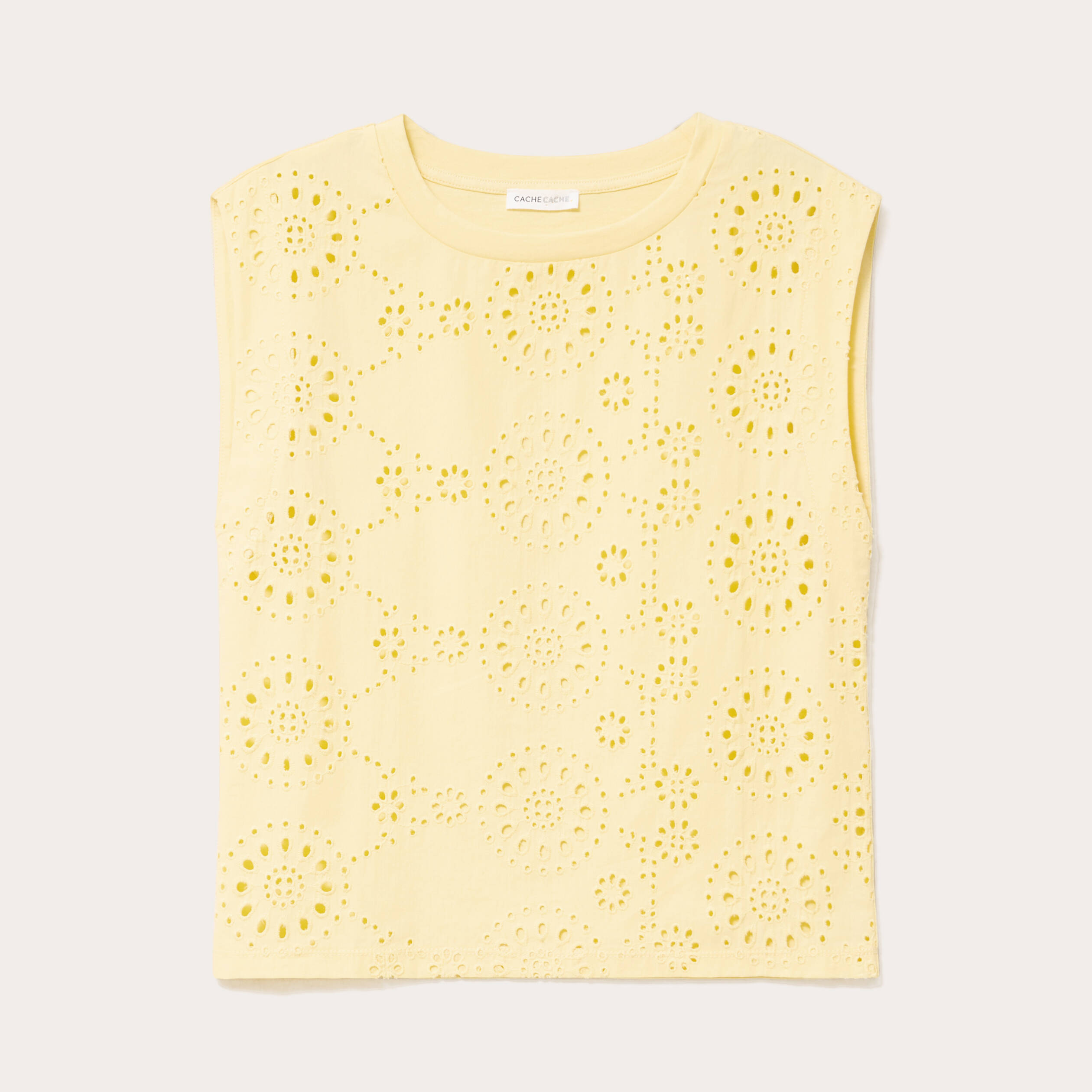 T-shirt sans manches brod&eacute; jaune clair femme