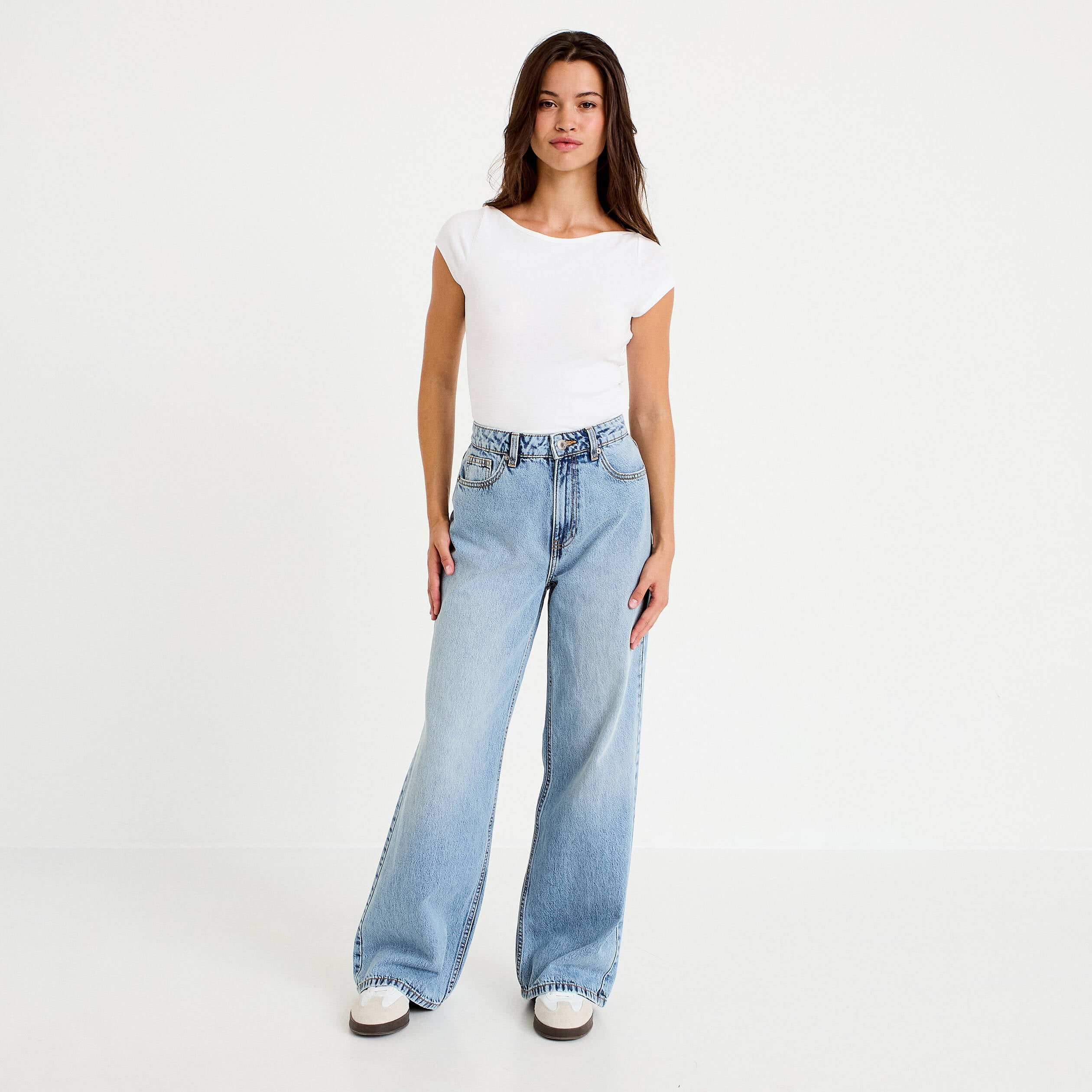 Jean wide leg taille haute Petite denim double stone femme