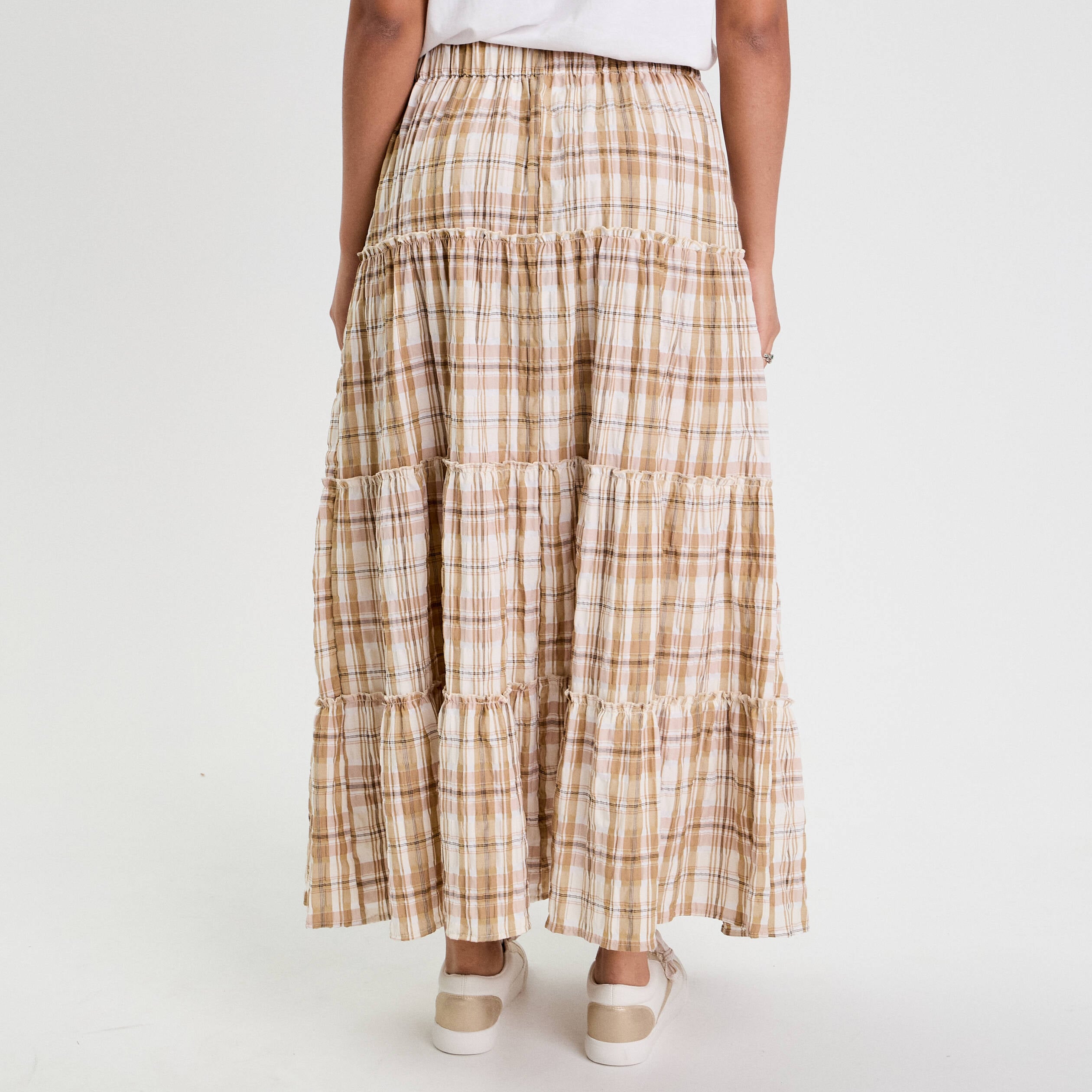 Jupe longue &eacute;vas&eacute;e volants camel femme