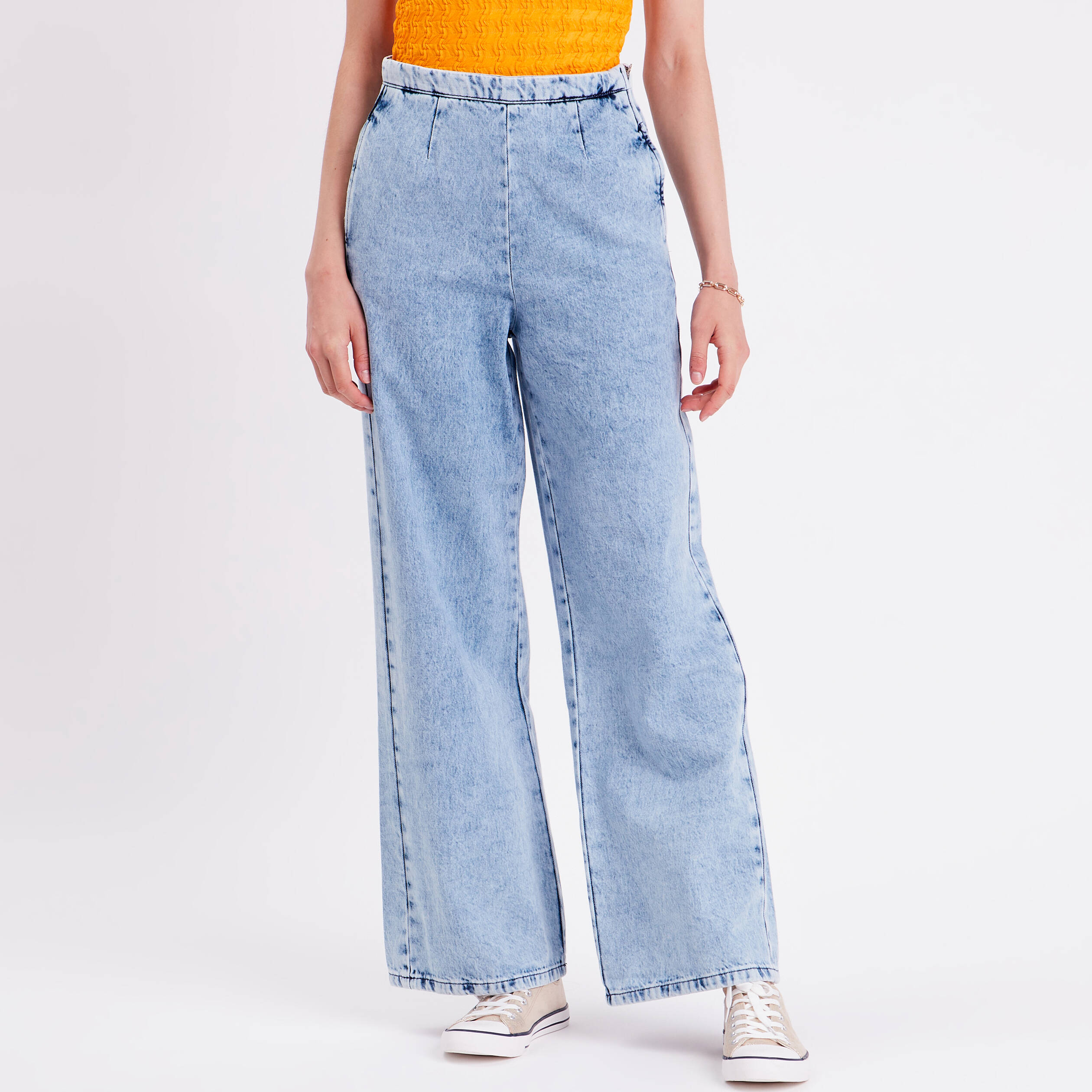 jeans large zippe denim bleach femme Jeans large zippé denim bleach femme