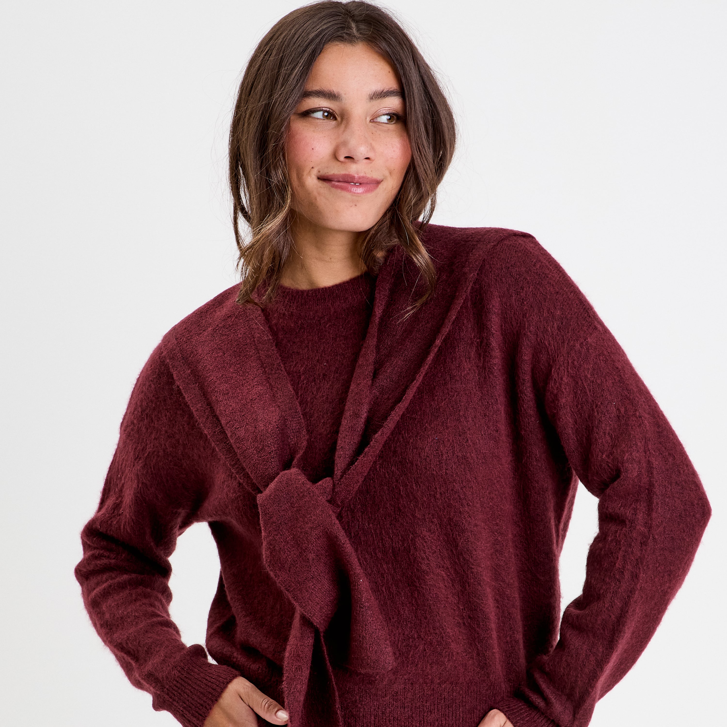 Pull &agrave; capuche manches longues violet fonc&eacute; femme