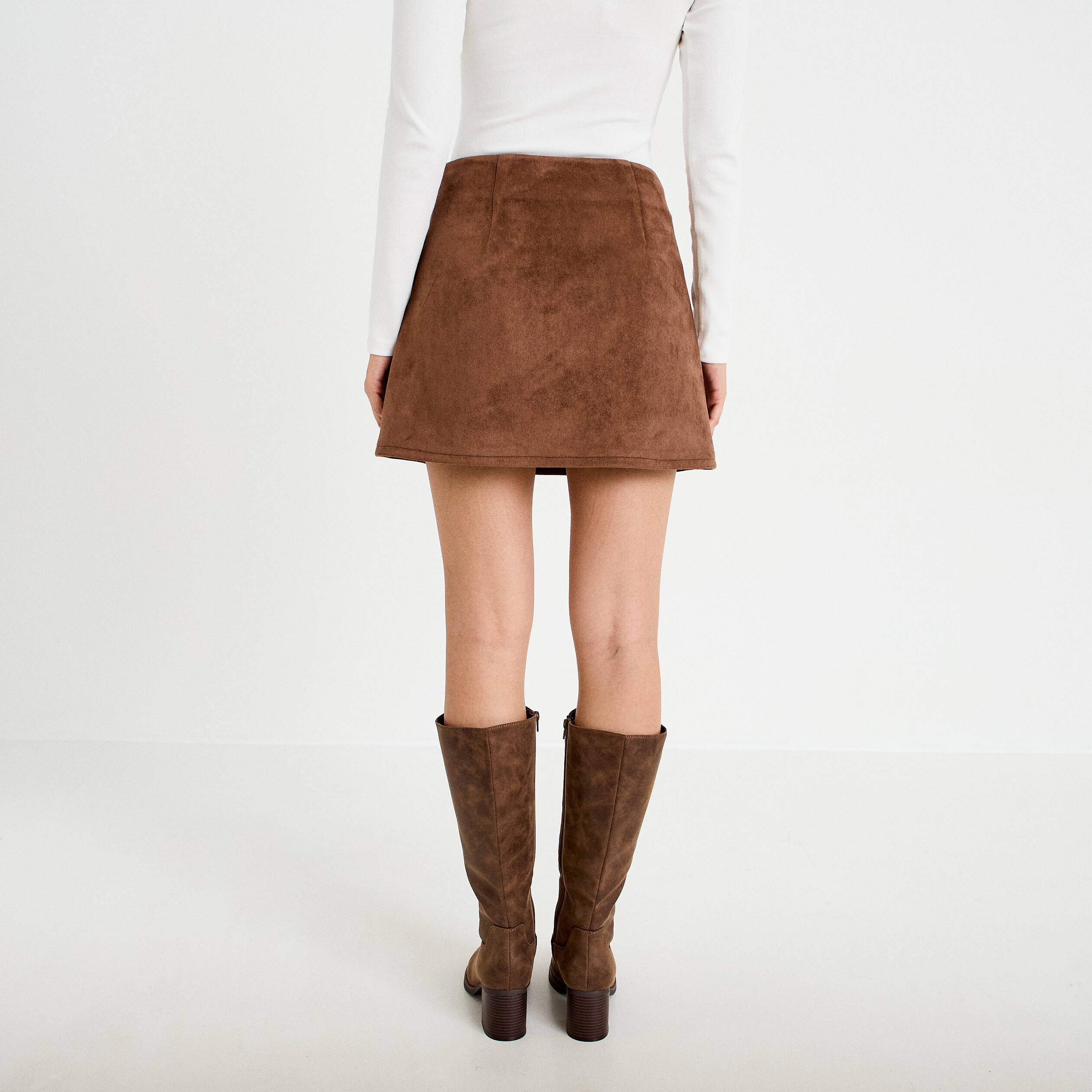 Jupe-short trap&egrave;ze taille haute daim marron femme