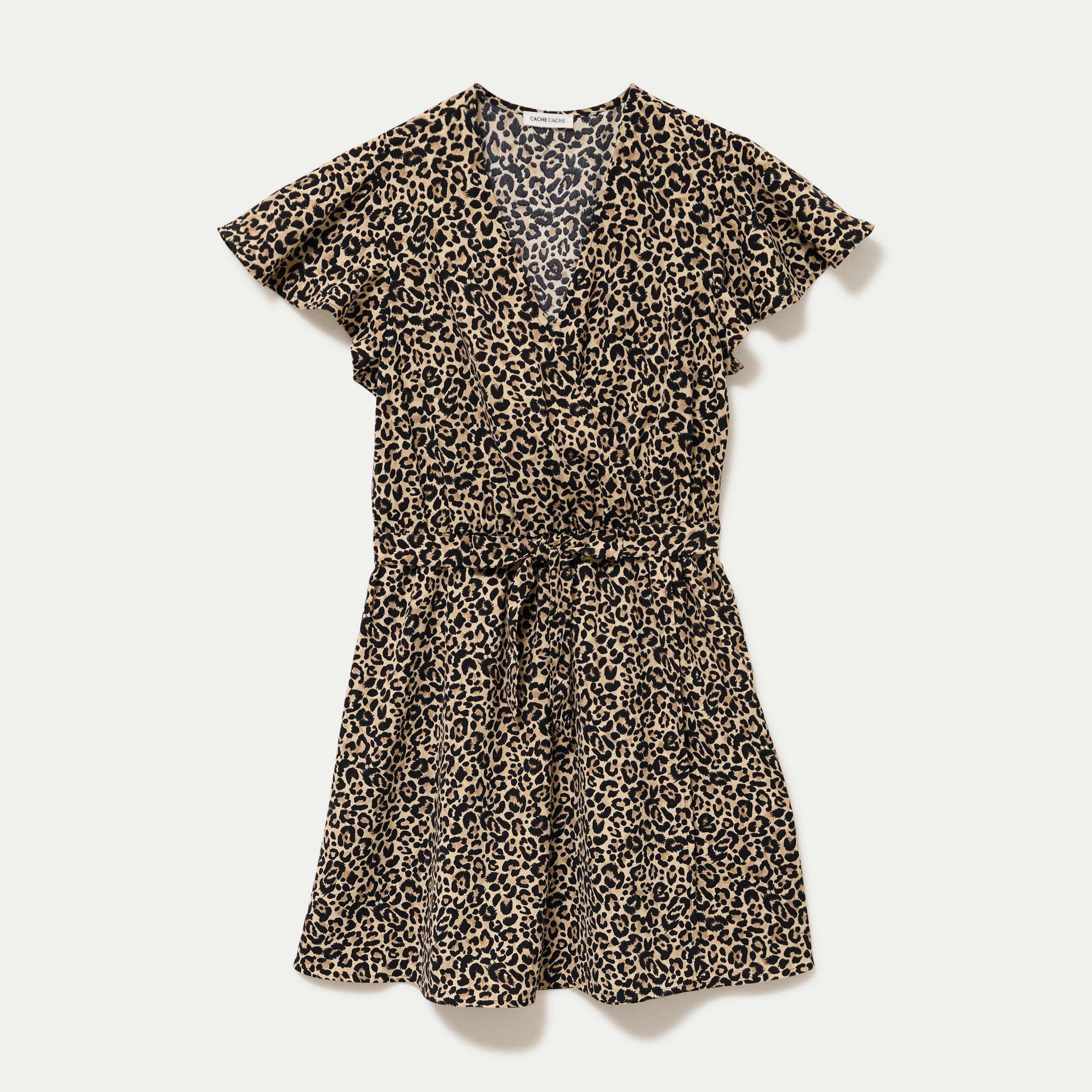 Robe courte &eacute;vas&eacute;e col v manches courtes beige femme
