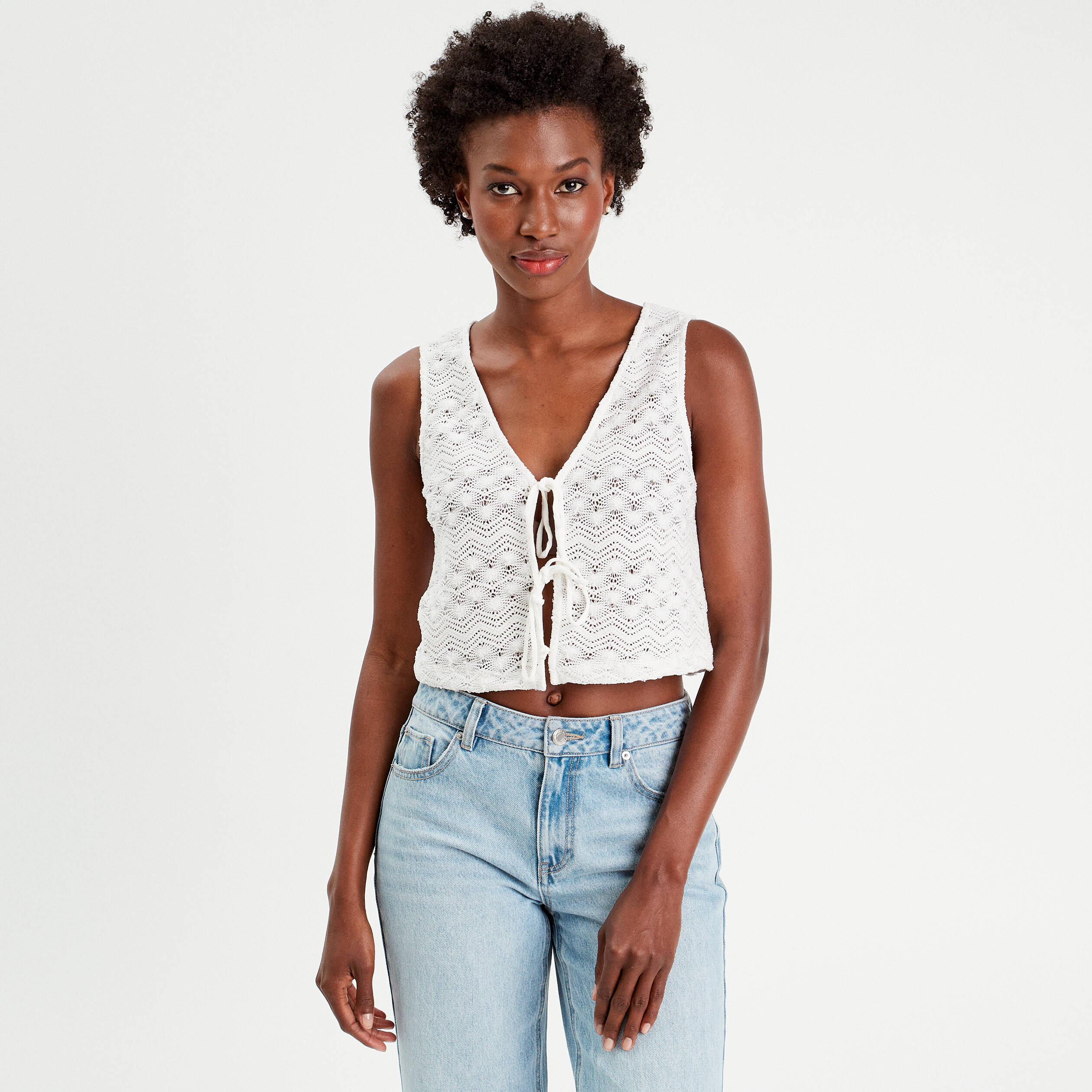 gilet cropped crochet ecru femme Gilet cropped crochet ecru femme