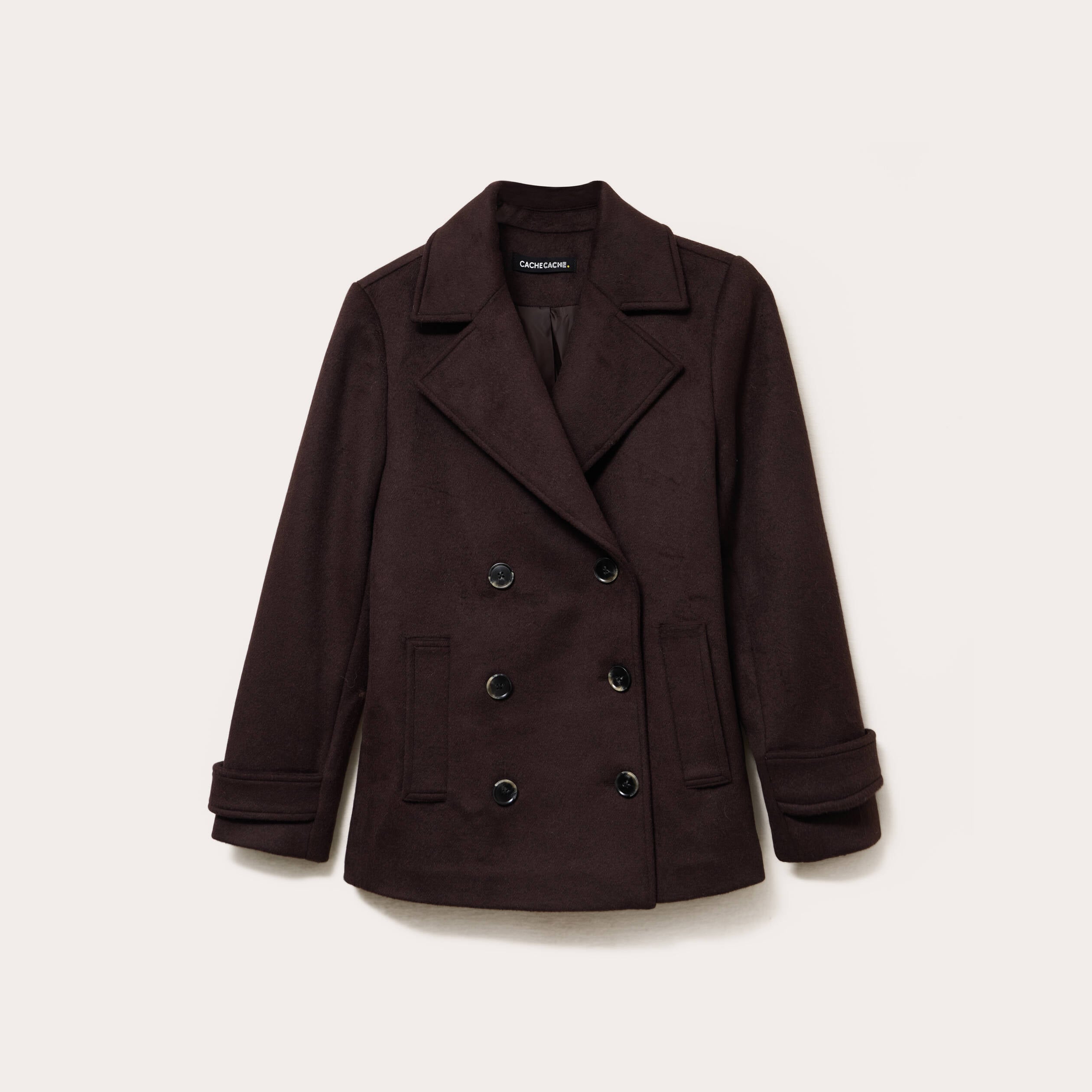 Caban col tailleur manches longues marron fonc&eacute; femme