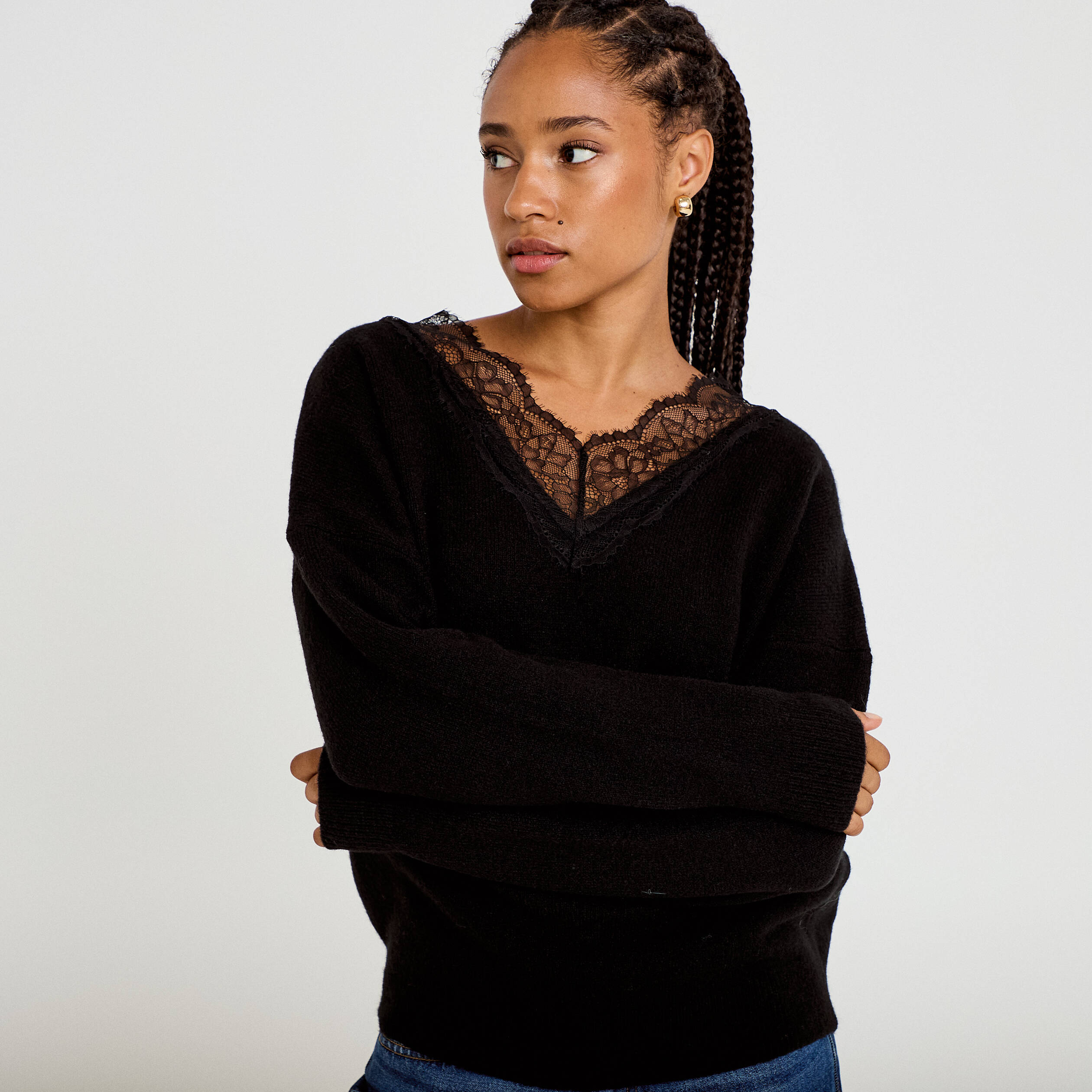 Pull col v manches longues dentelle noir femme