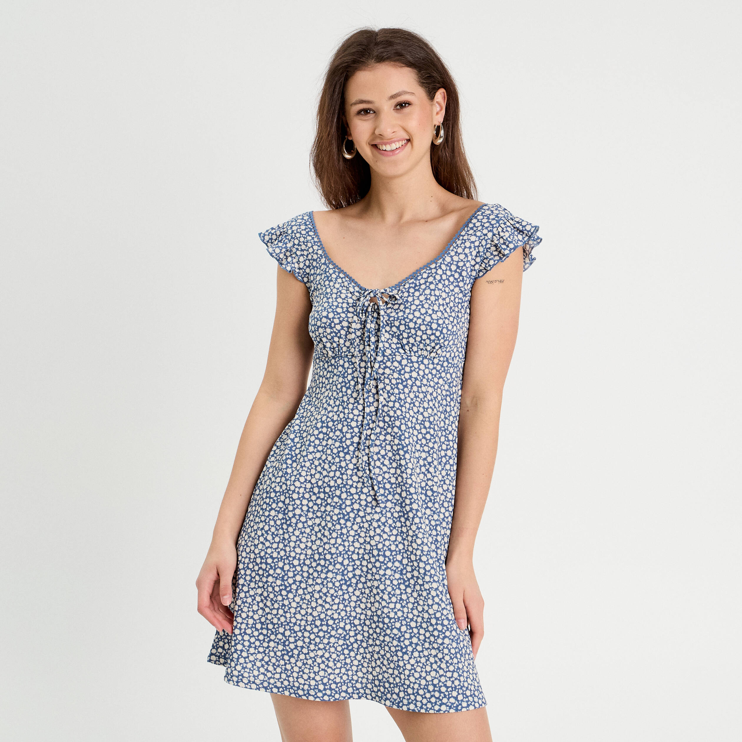 Robe trap&egrave;ze sans manches bleu gris femme