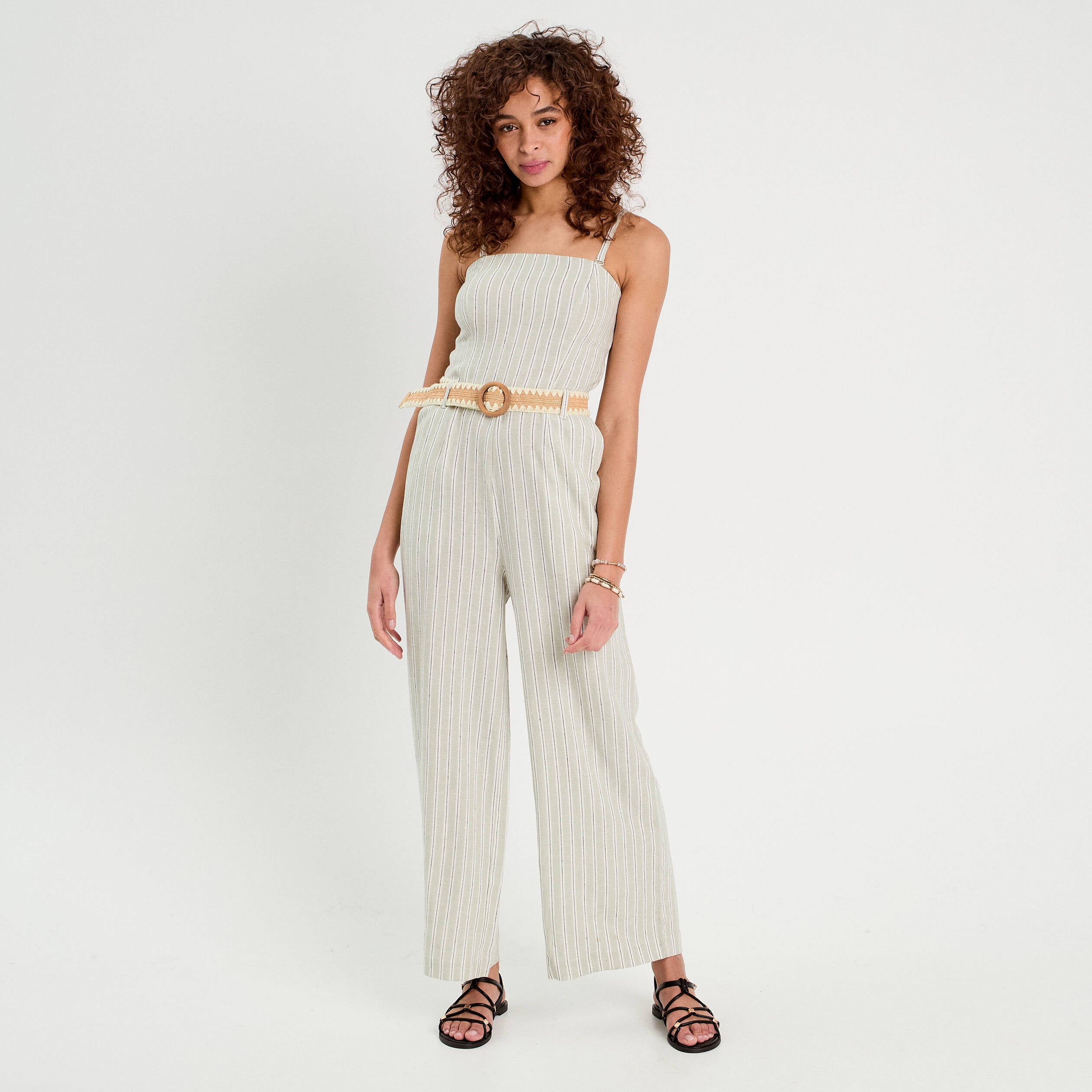 Combinaison pantalon bretelles avec lin vert femme