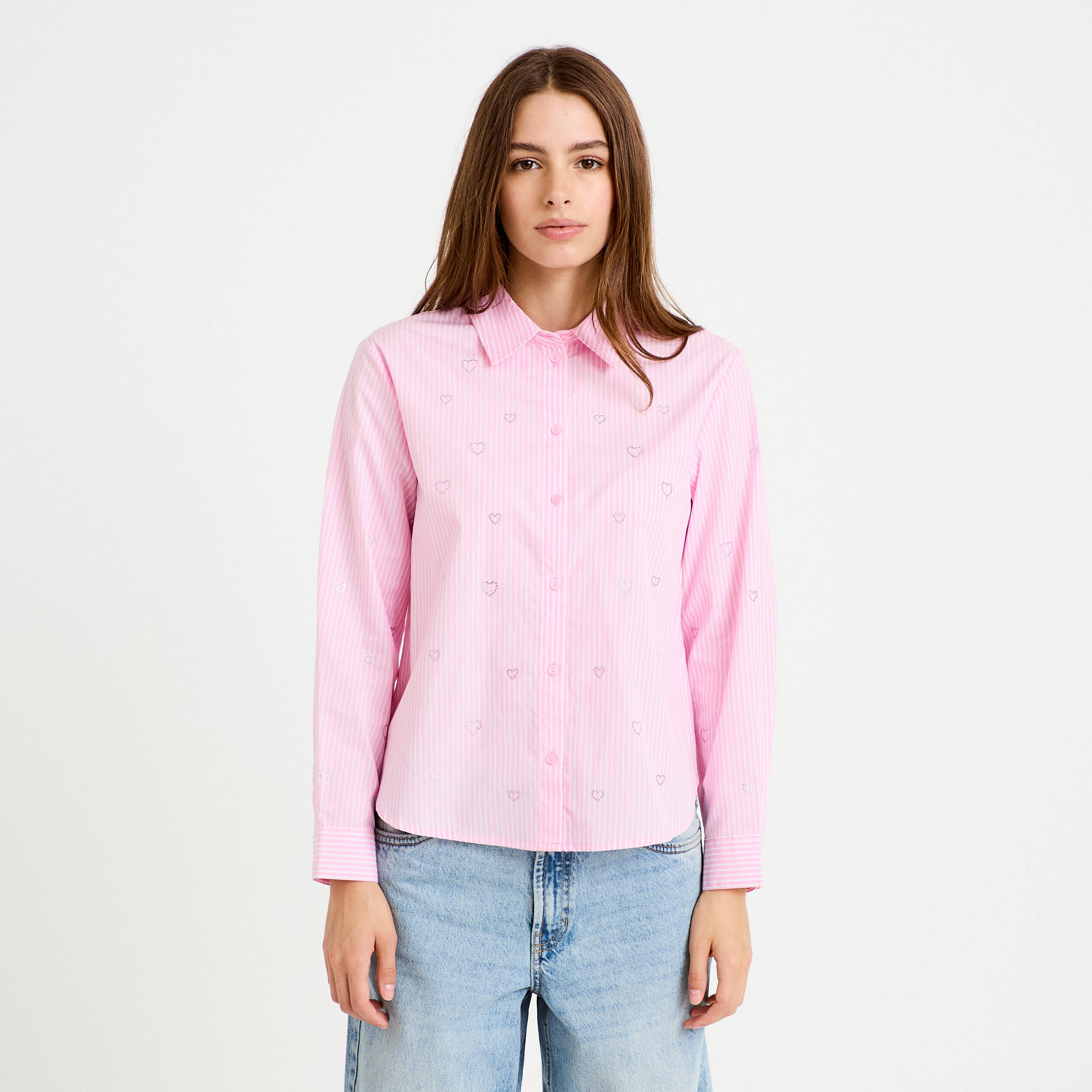 Chemise droite col am&eacute;ricain strass rose femme