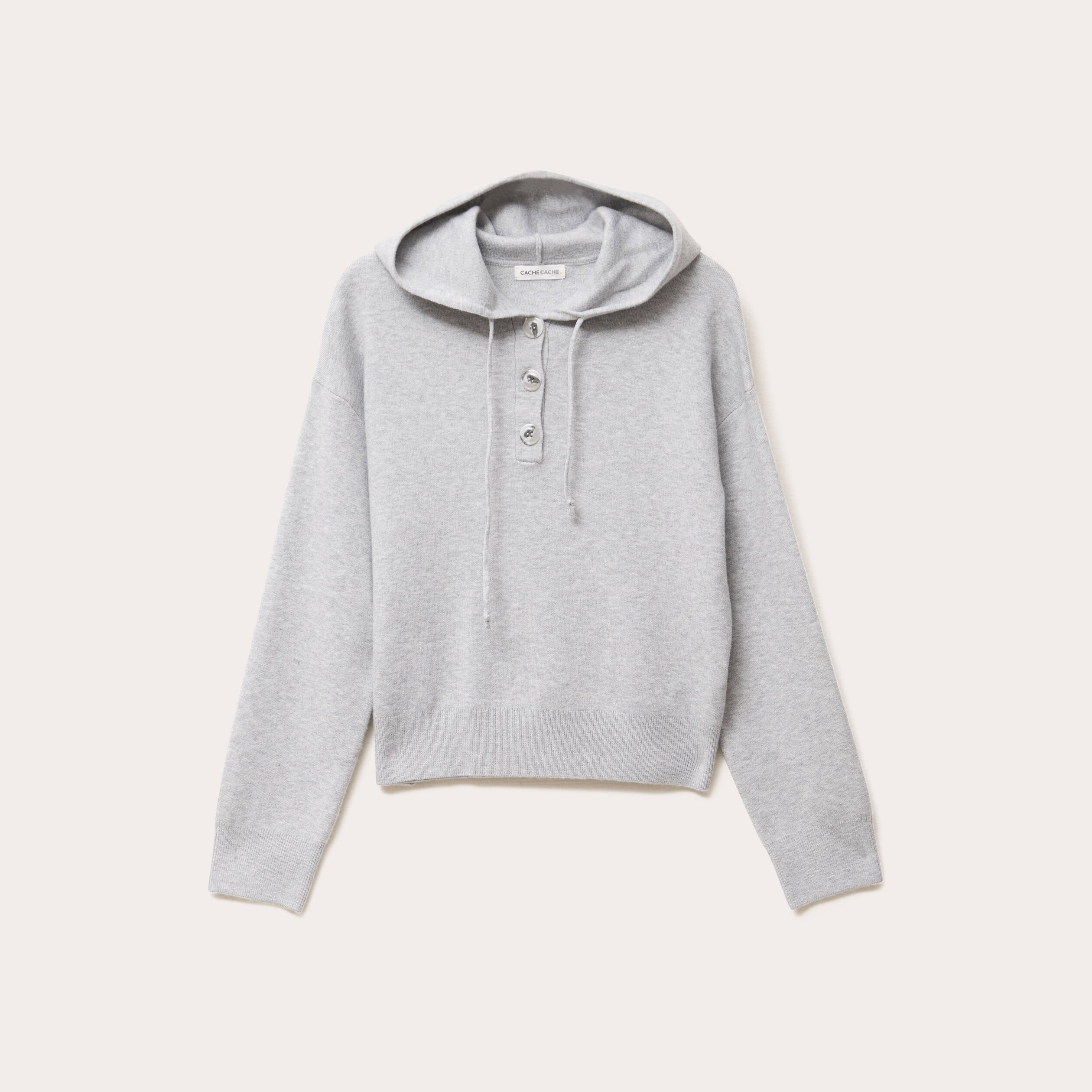 Pull &agrave; capuche manches longues gris clair femme