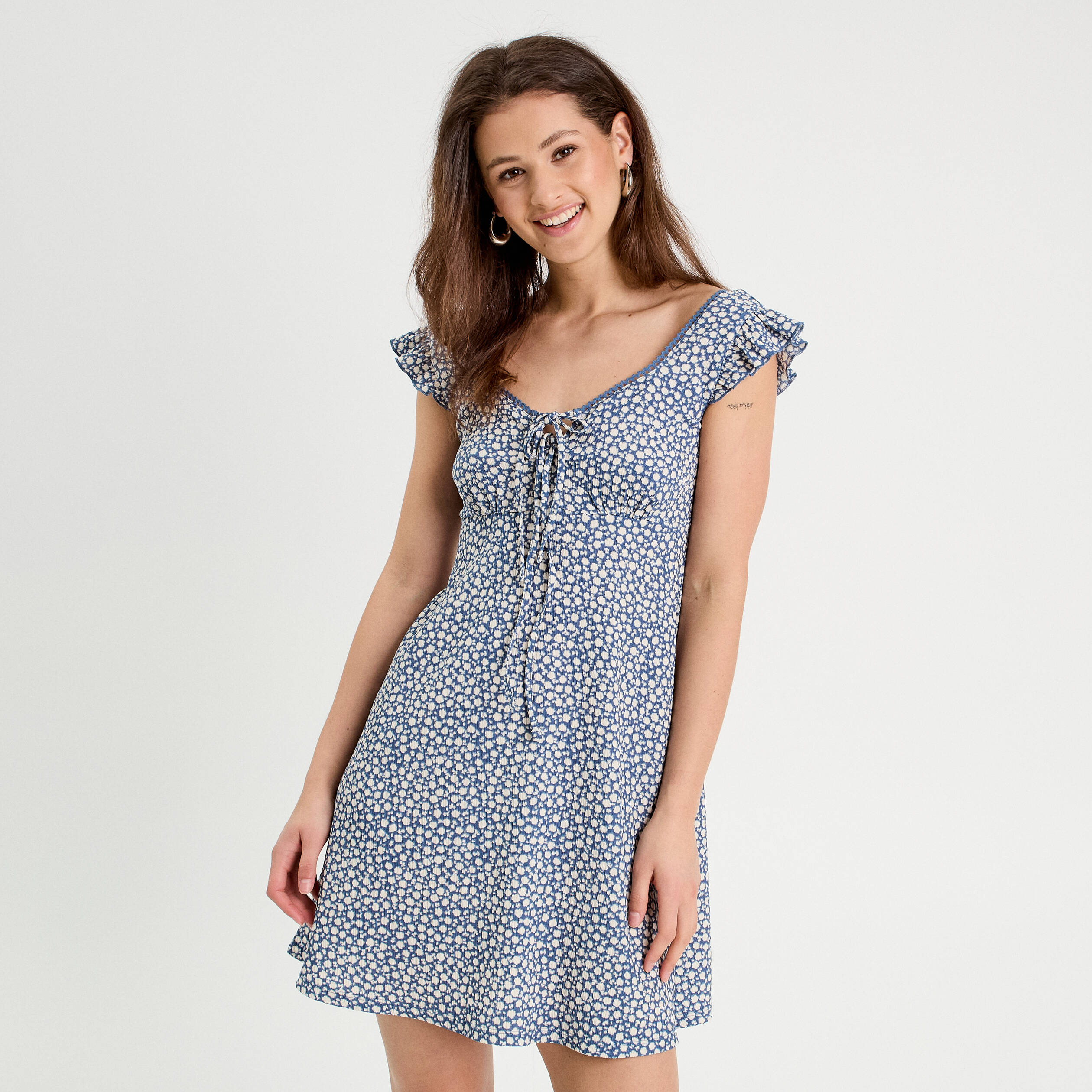 Robe trap&egrave;ze sans manches bleu gris femme