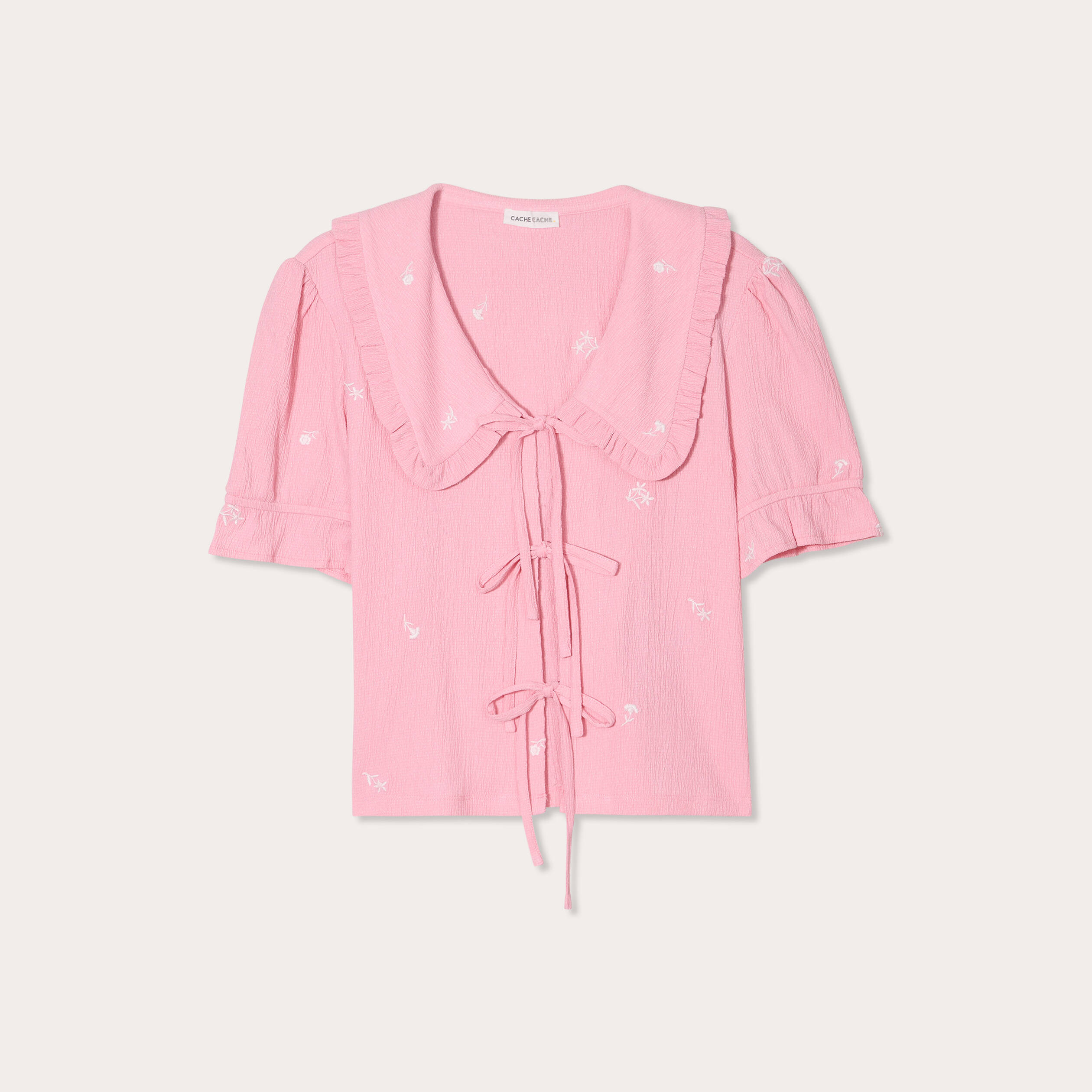 Blouse nou&eacute;e brod&eacute;e rose poudr&eacute;e femme