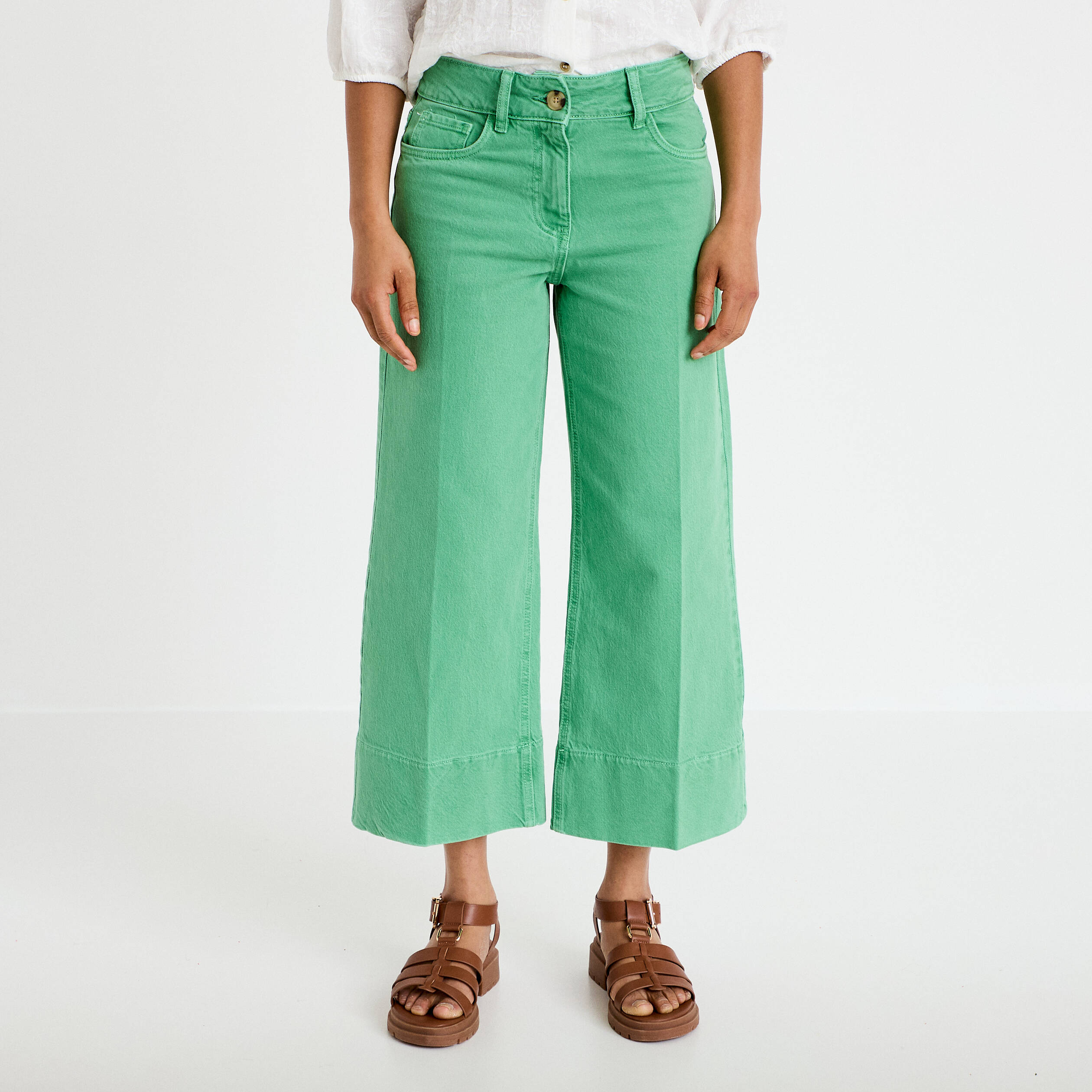 Jean wide leg cropped taille haute vert femme